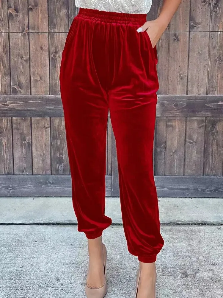 Elastic Waist Solid Color Trousers Female Pocket Leggings Staright