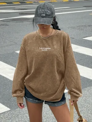 EZwear Women's Vintage Distressed Embroidery Round Neck Long Sleeve Sweatshirt T-Shirt