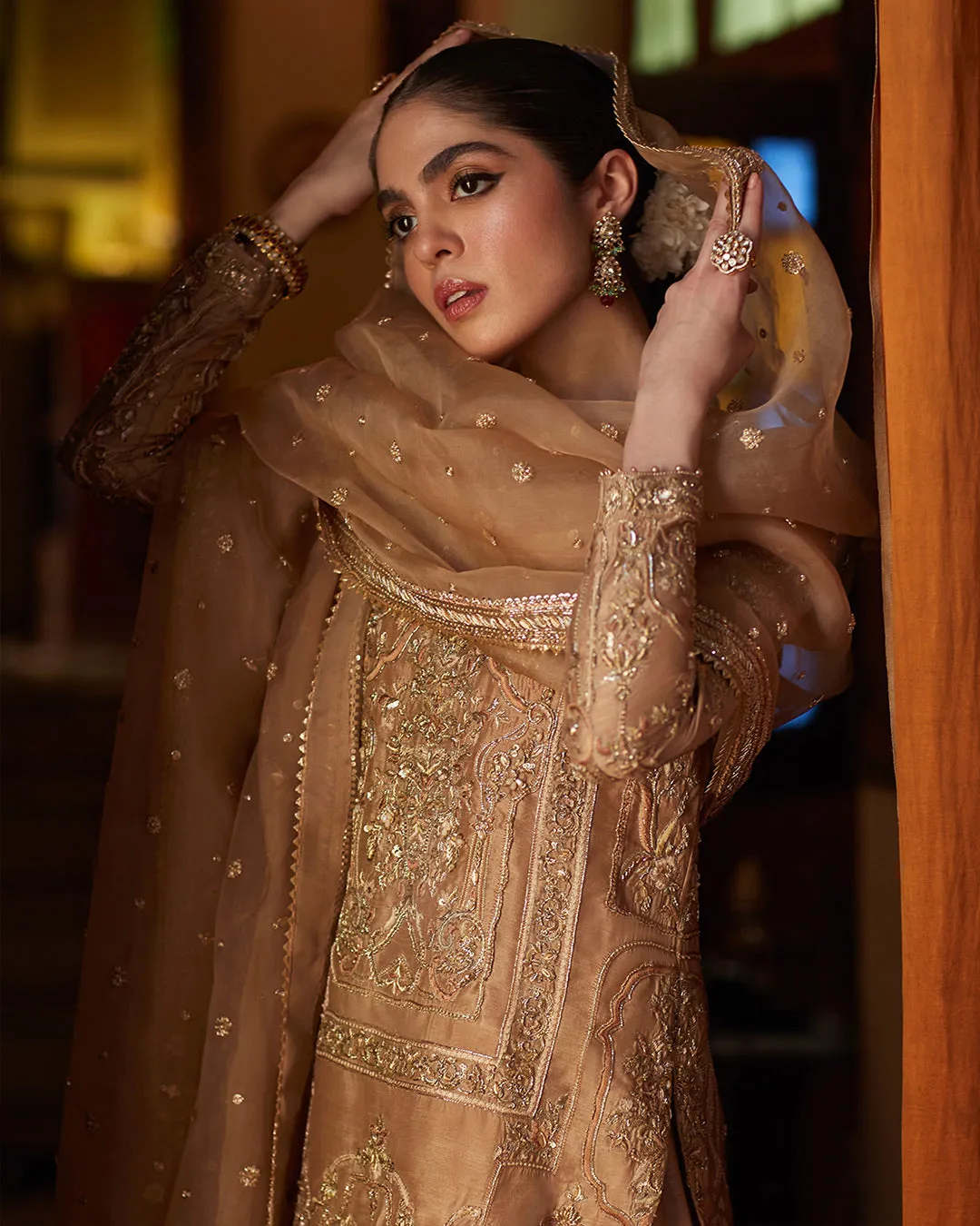 Golden Pakistani Dress in Kameez Trouser Dupatta Style