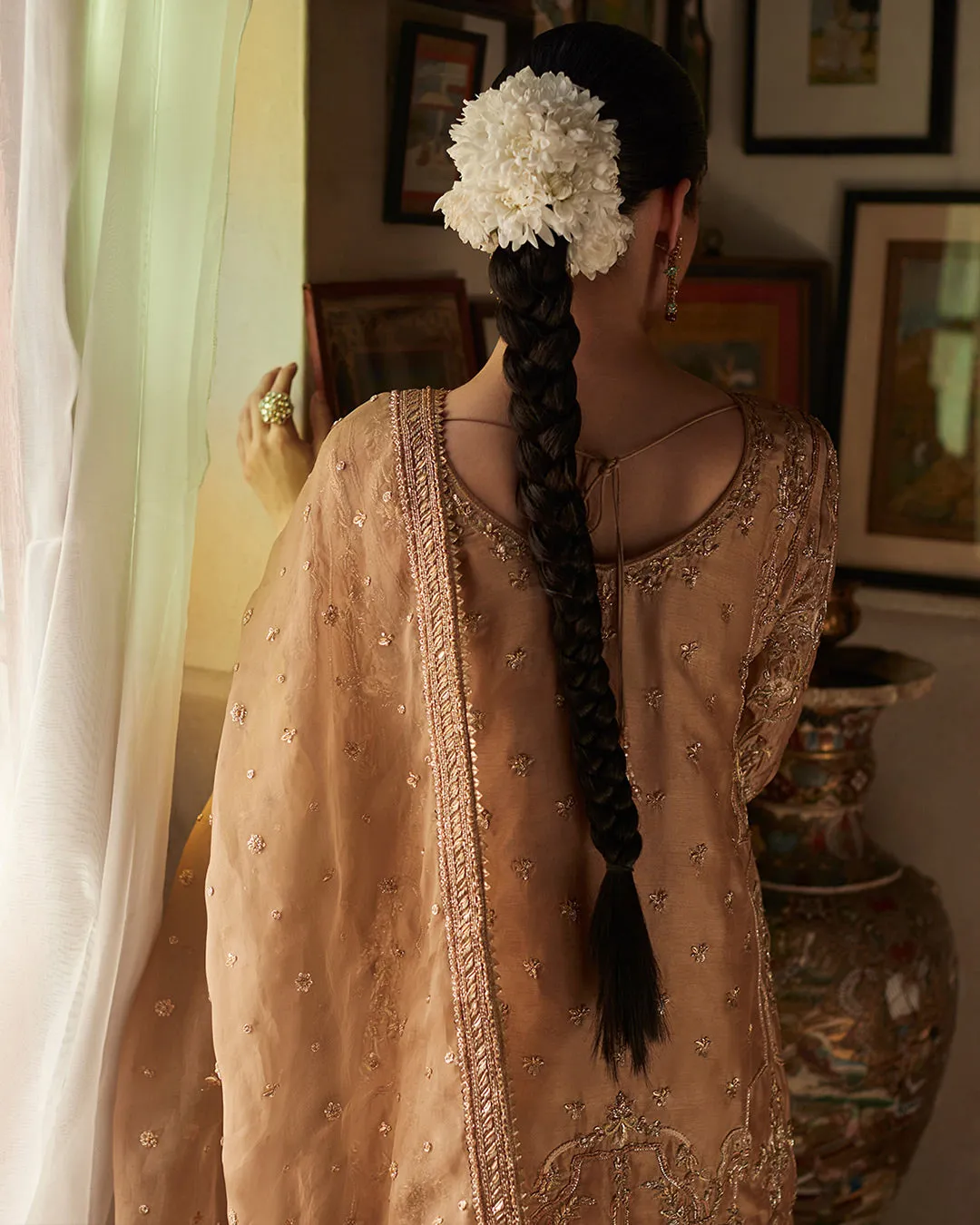 Golden Pakistani Dress in Kameez Trouser Dupatta Style
