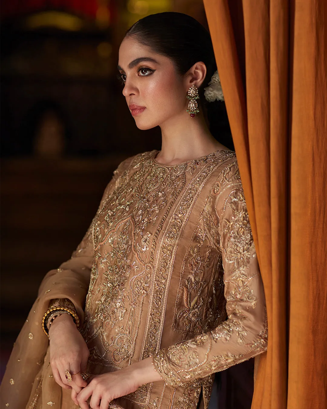 Golden Pakistani Dress in Kameez Trouser Dupatta Style