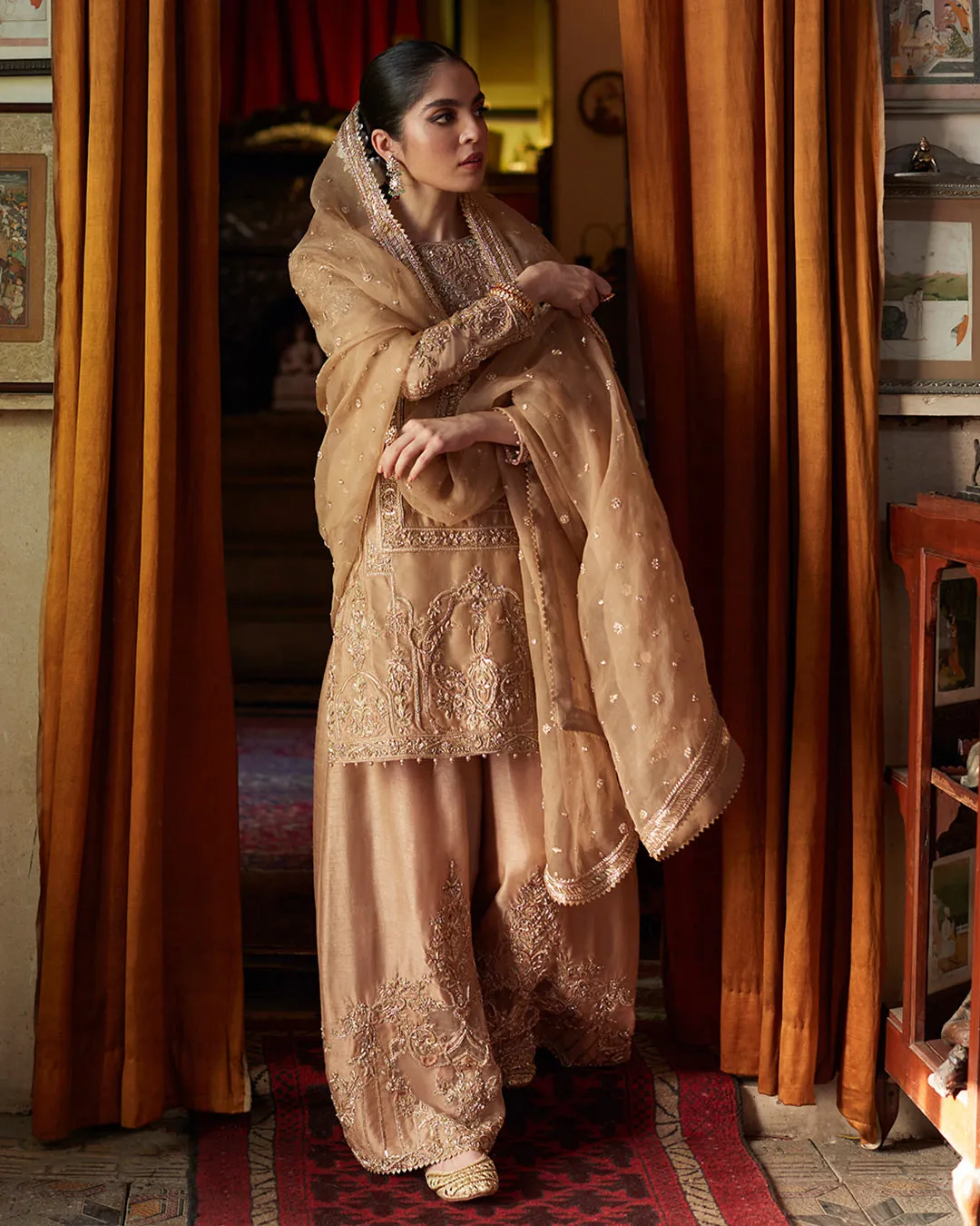 Golden Pakistani Dress in Kameez Trouser Dupatta Style