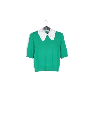 Green sweater with lace and pearl-embroidered collar