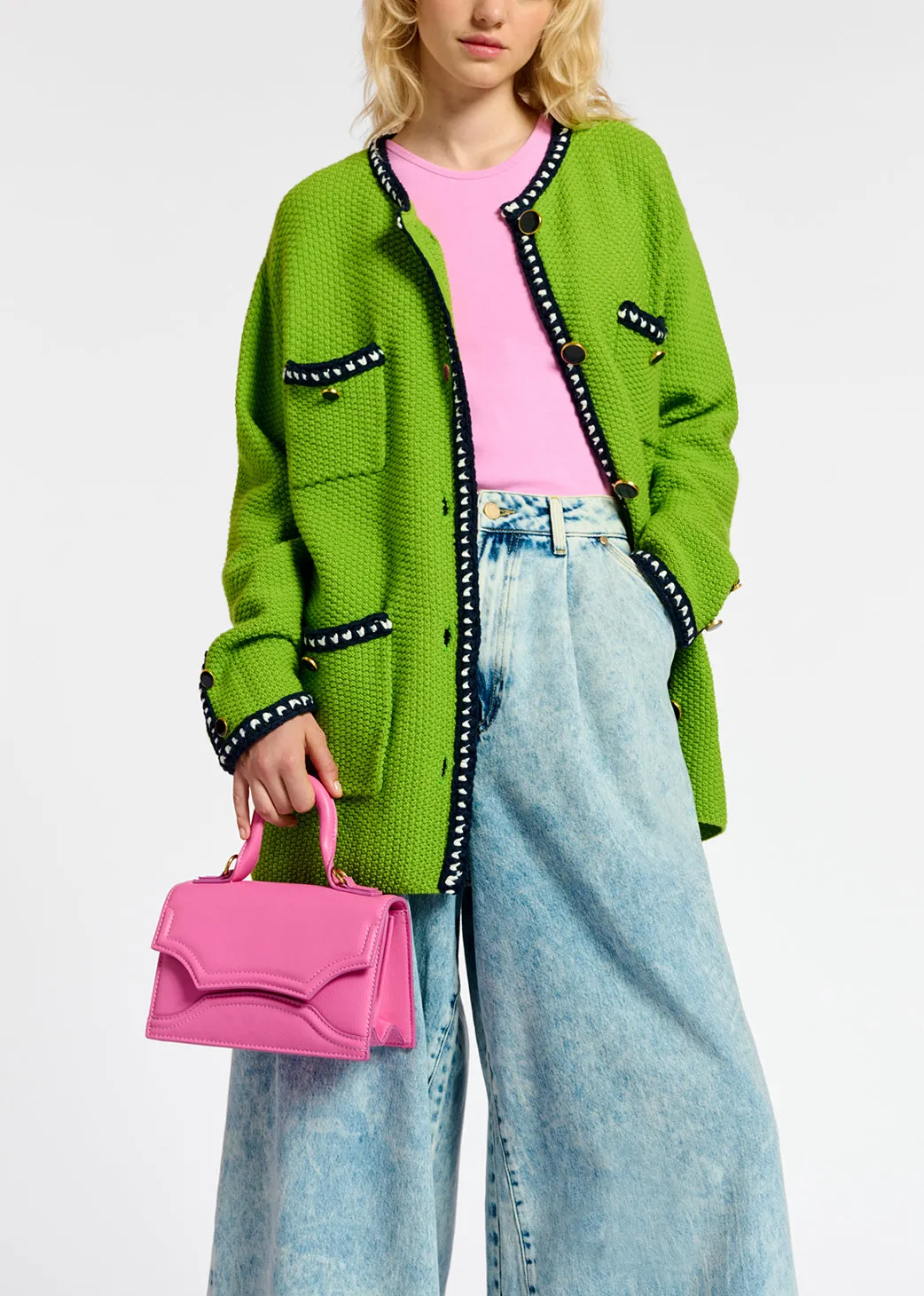 Green wool-cotton knit cardigan