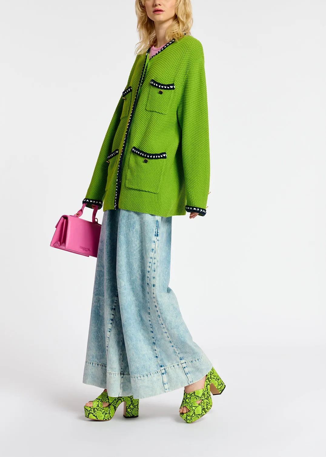Green wool-cotton knit cardigan