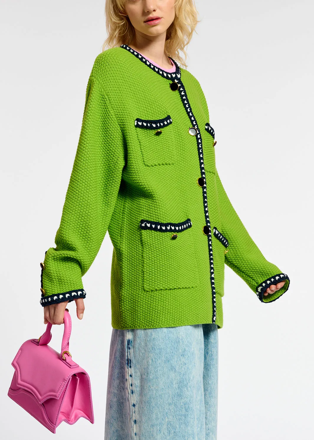 Green wool-cotton knit cardigan