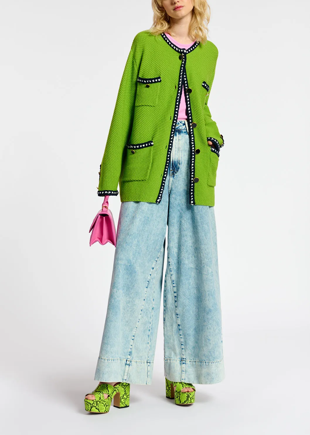 Green wool-cotton knit cardigan