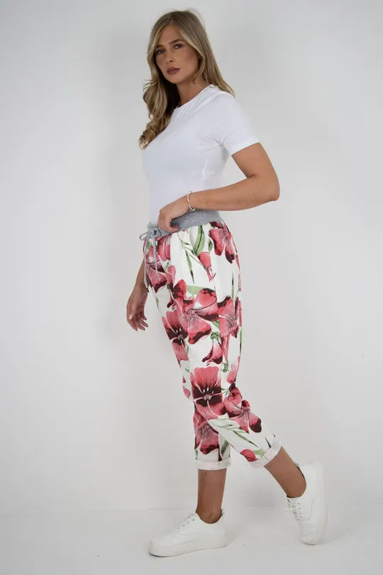 Italian Stretch Cotton Trousers ~ Hibiscus Dusky Red