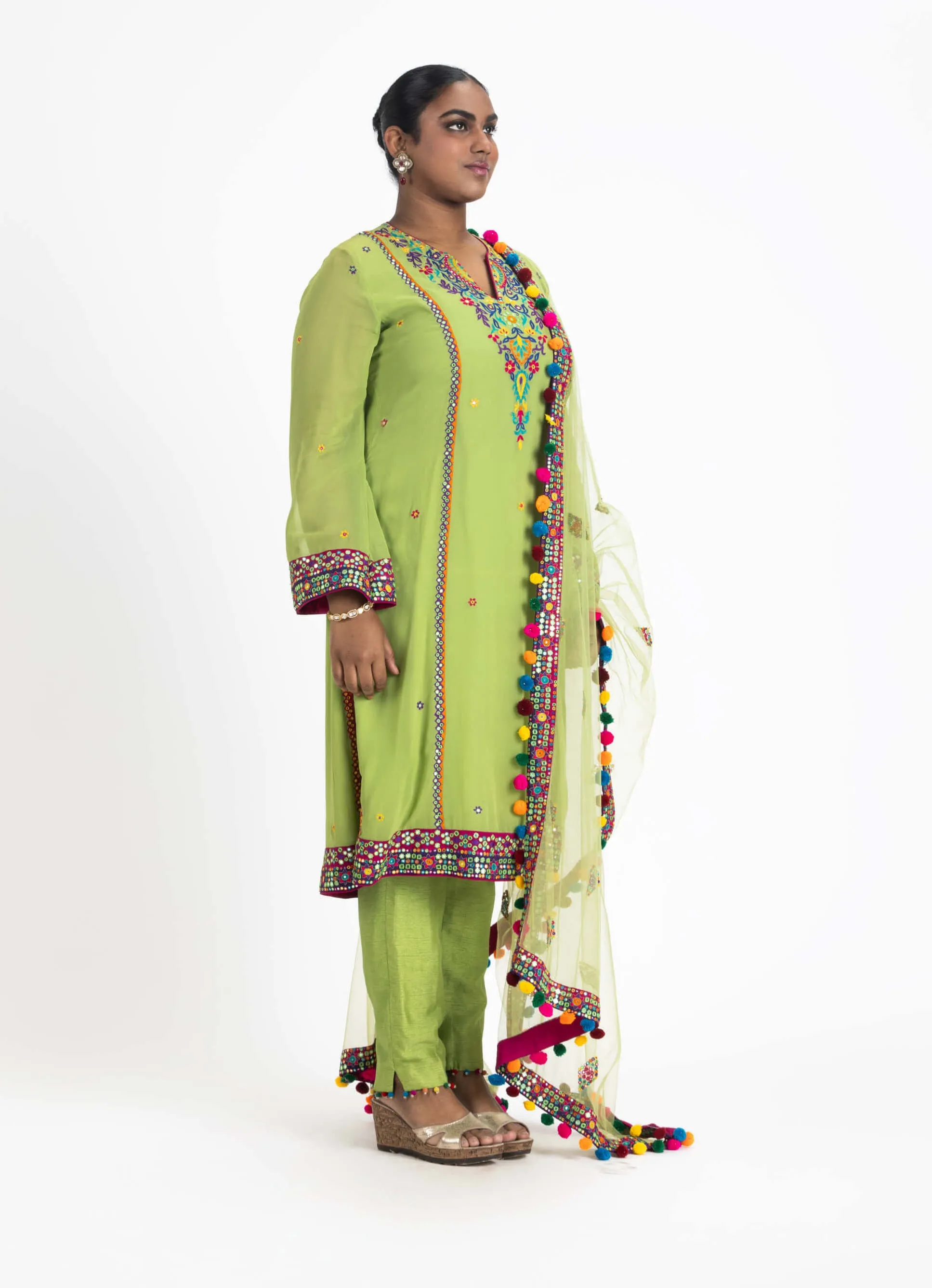 Lime green georgette kurta set