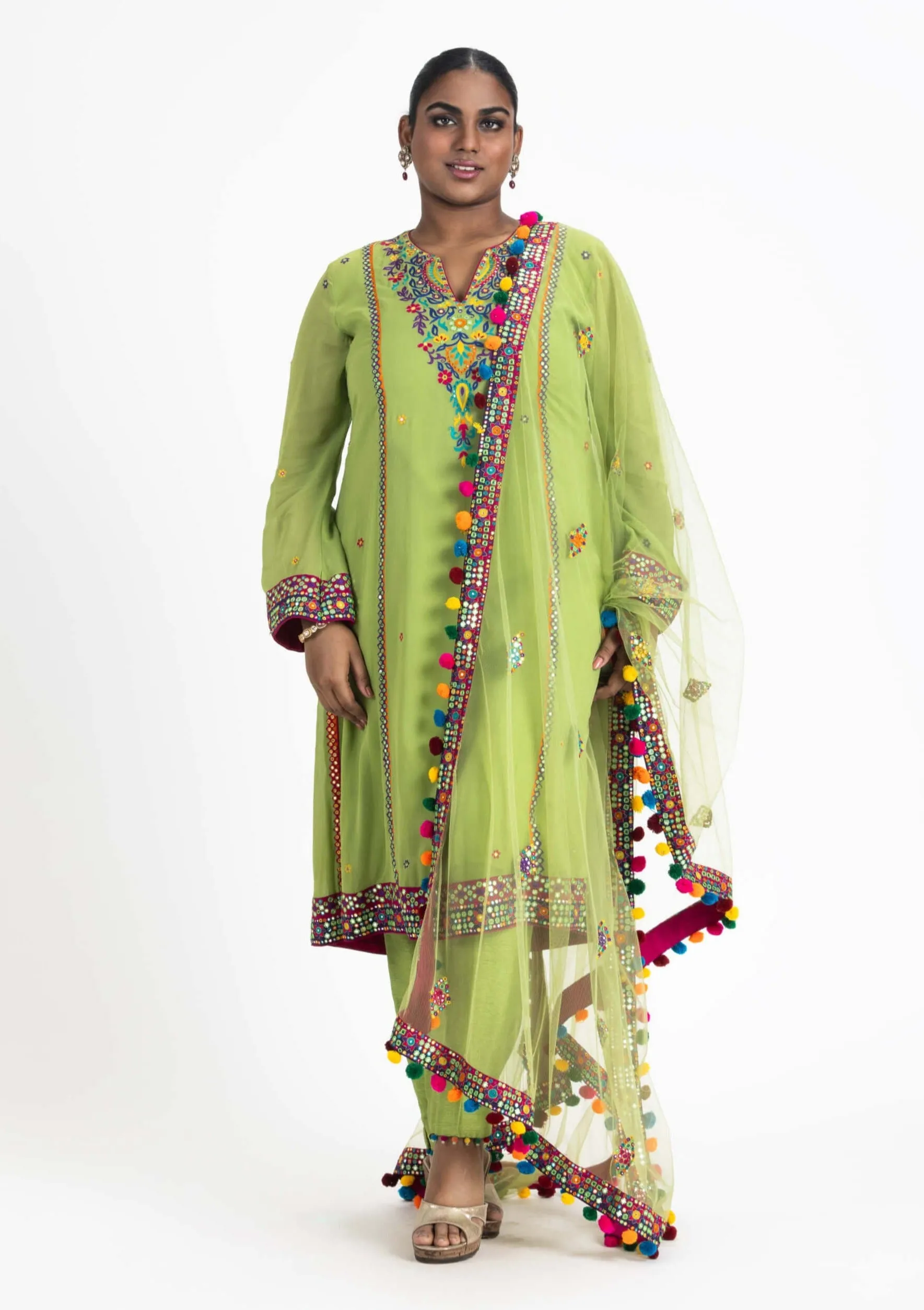 Lime green georgette kurta set