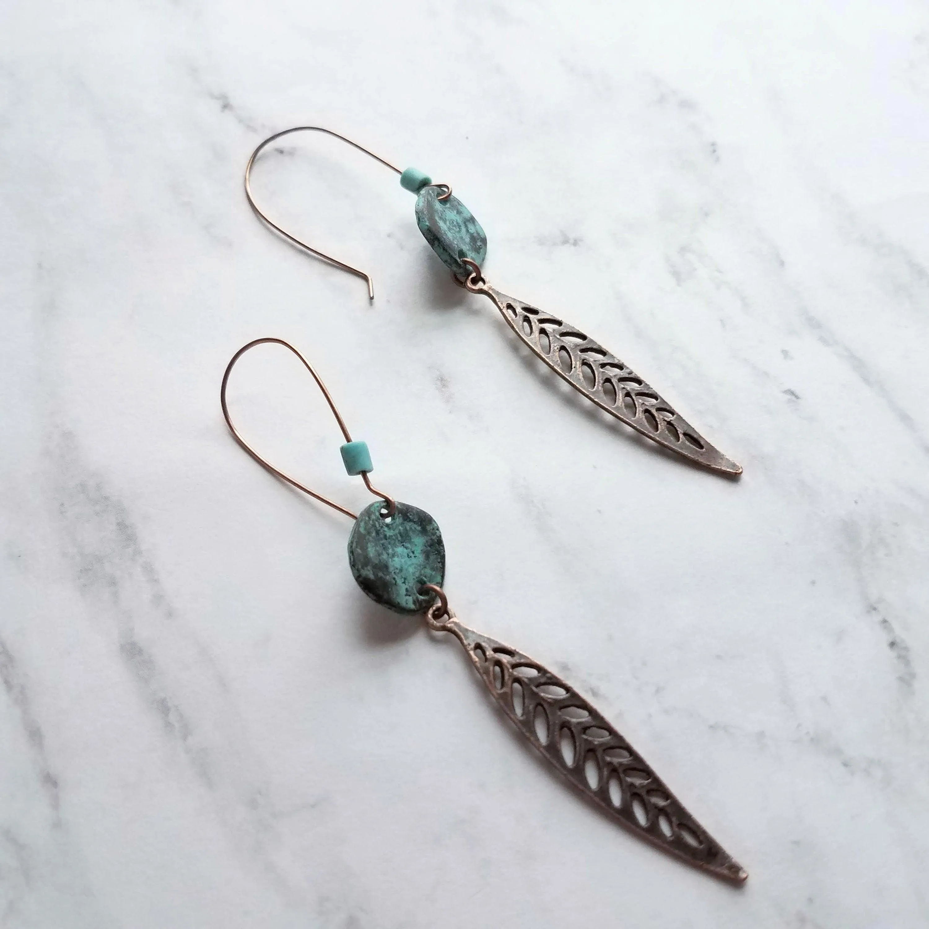 Long Copper Feather Earrings, verdigris patina earring, long rustic earring, long narrow earring, rust brown blue earring, blue patina disk