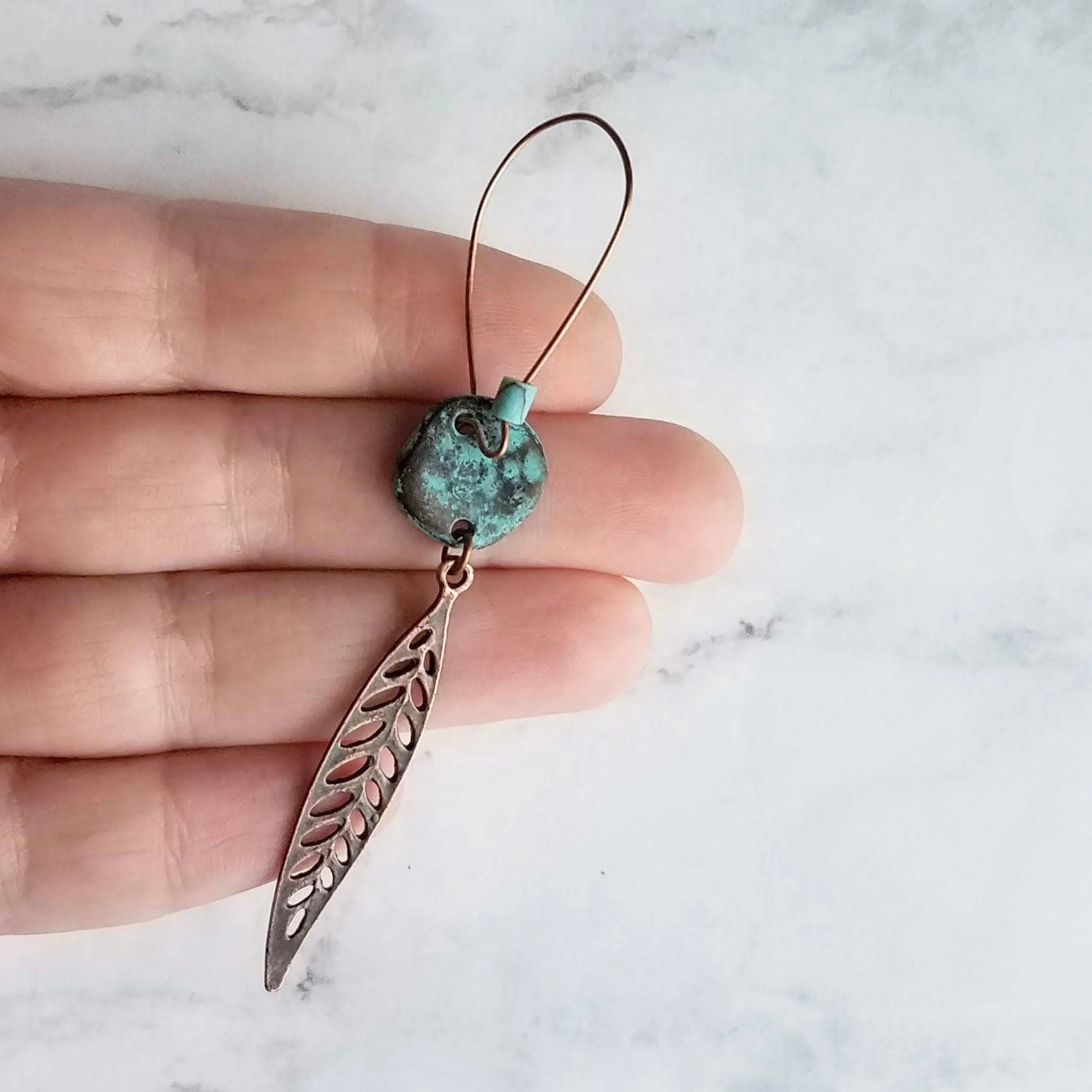 Long Copper Feather Earrings, verdigris patina earring, long rustic earring, long narrow earring, rust brown blue earring, blue patina disk