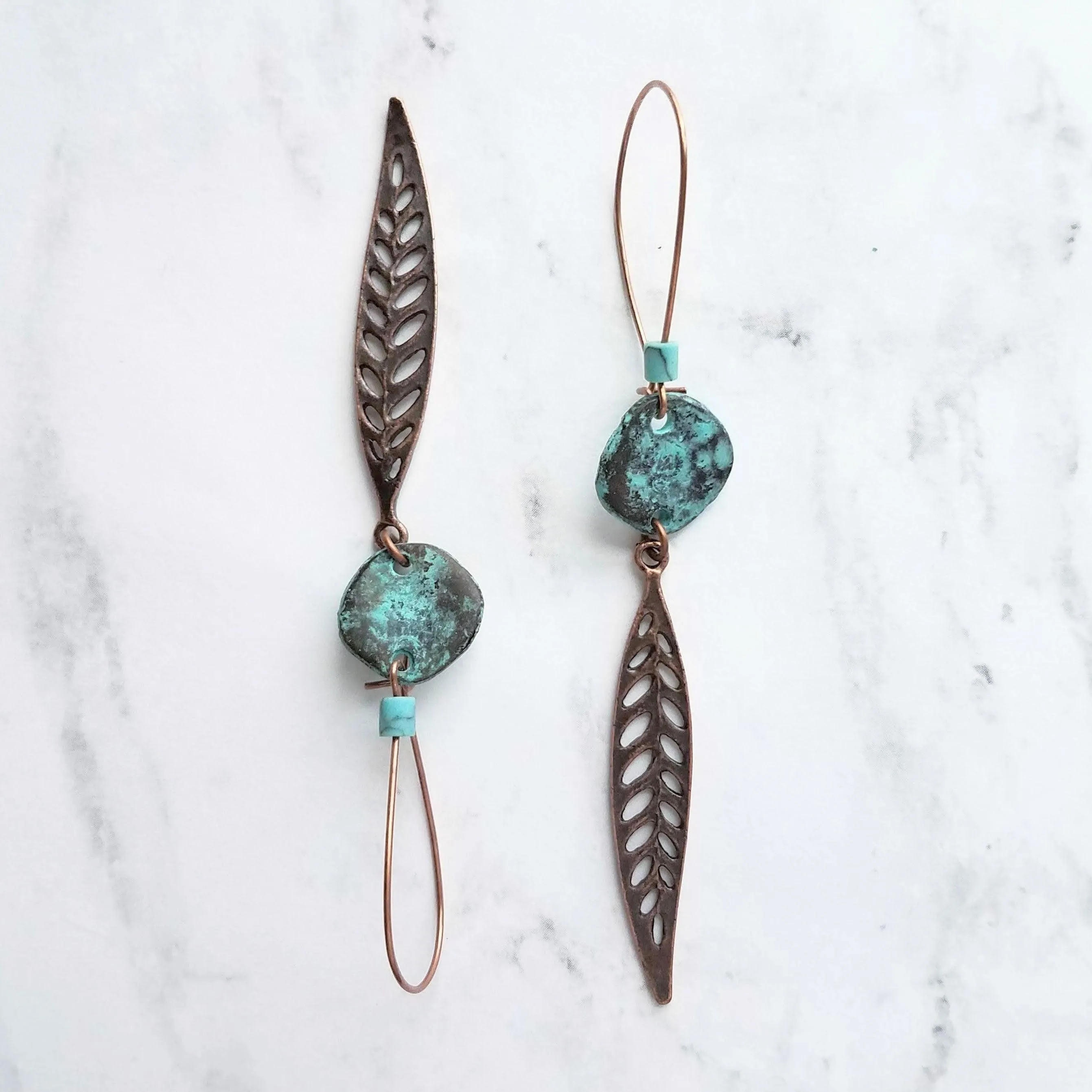 Long Copper Feather Earrings, verdigris patina earring, long rustic earring, long narrow earring, rust brown blue earring, blue patina disk