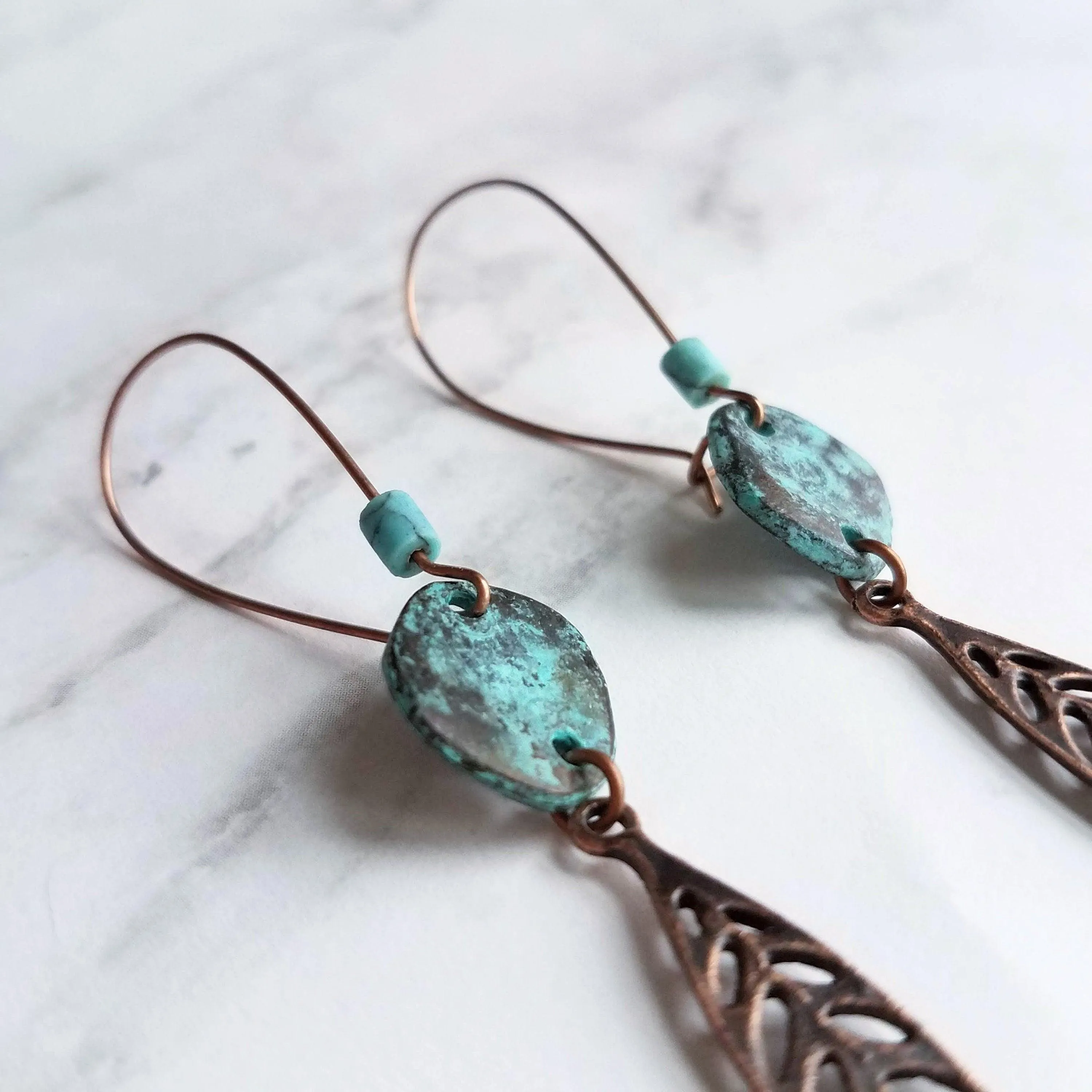 Long Copper Feather Earrings, verdigris patina earring, long rustic earring, long narrow earring, rust brown blue earring, blue patina disk