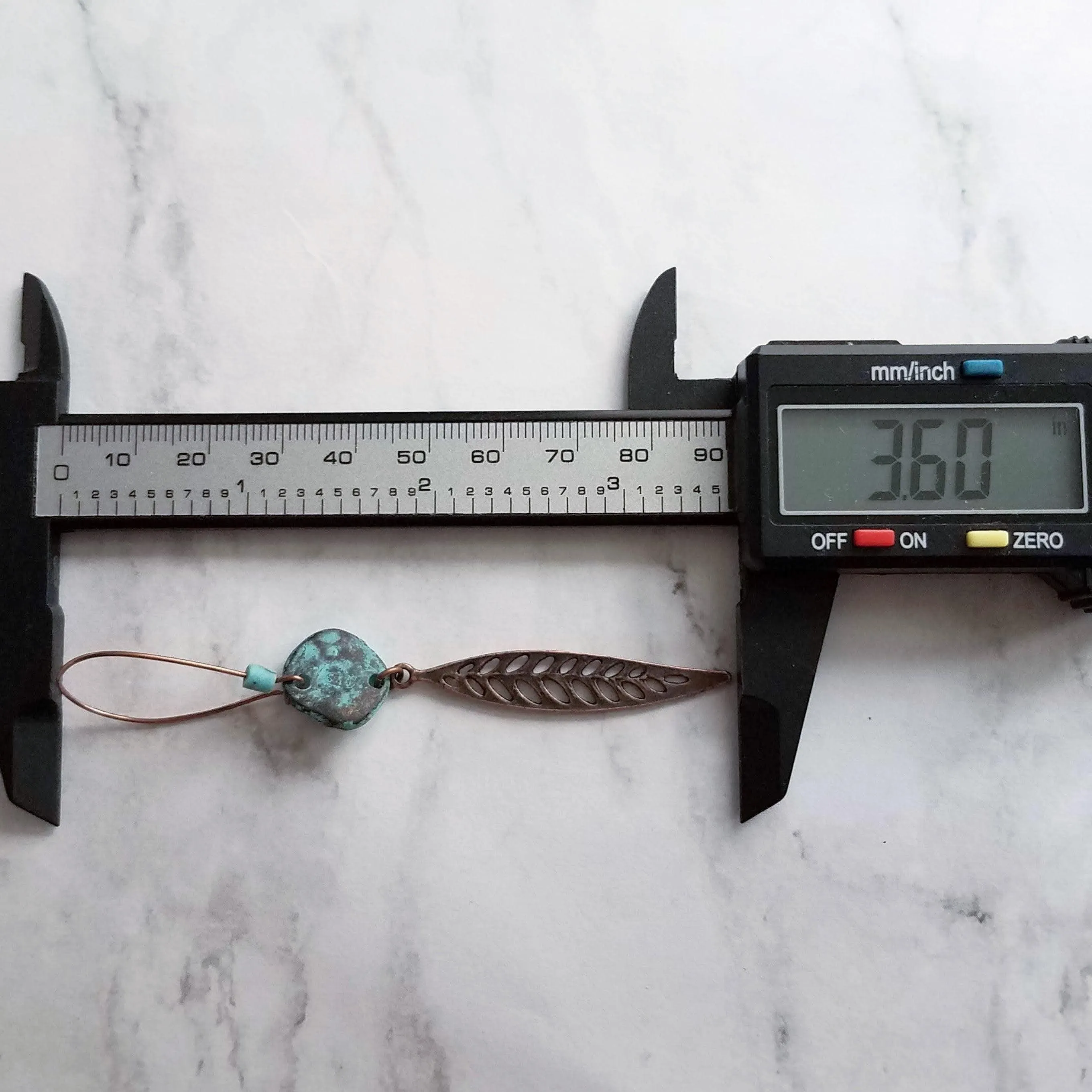 Long Copper Feather Earrings, verdigris patina earring, long rustic earring, long narrow earring, rust brown blue earring, blue patina disk