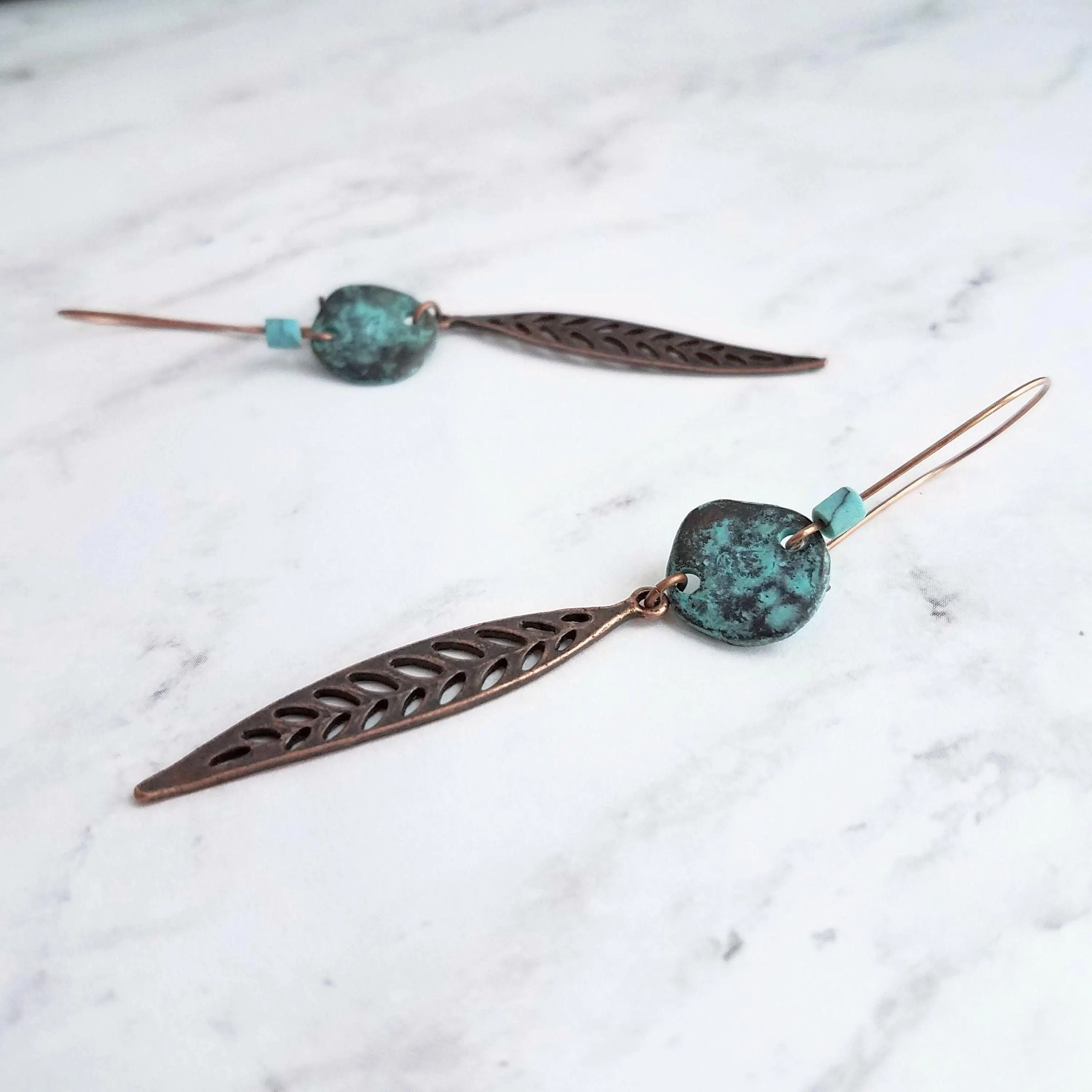 Long Copper Feather Earrings, verdigris patina earring, long rustic earring, long narrow earring, rust brown blue earring, blue patina disk