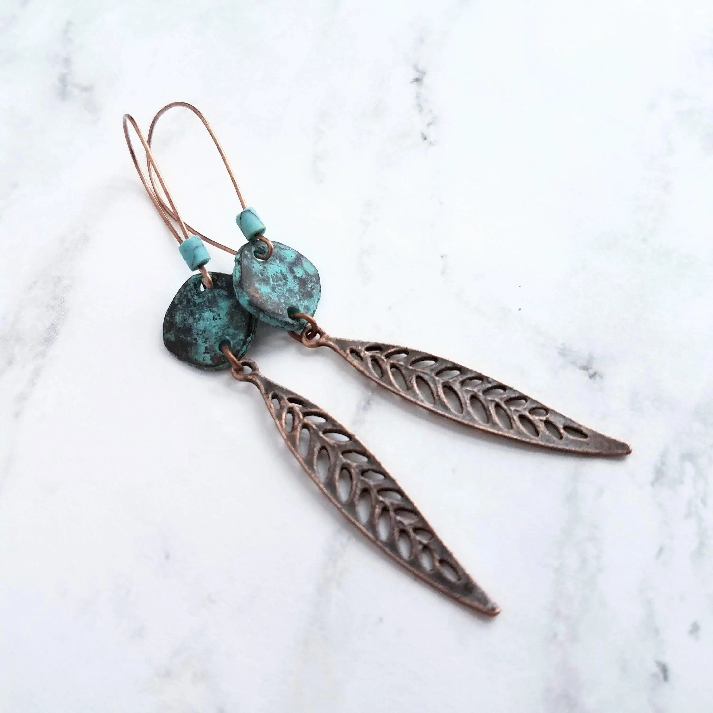 Long Copper Feather Earrings, verdigris patina earring, long rustic earring, long narrow earring, rust brown blue earring, blue patina disk
