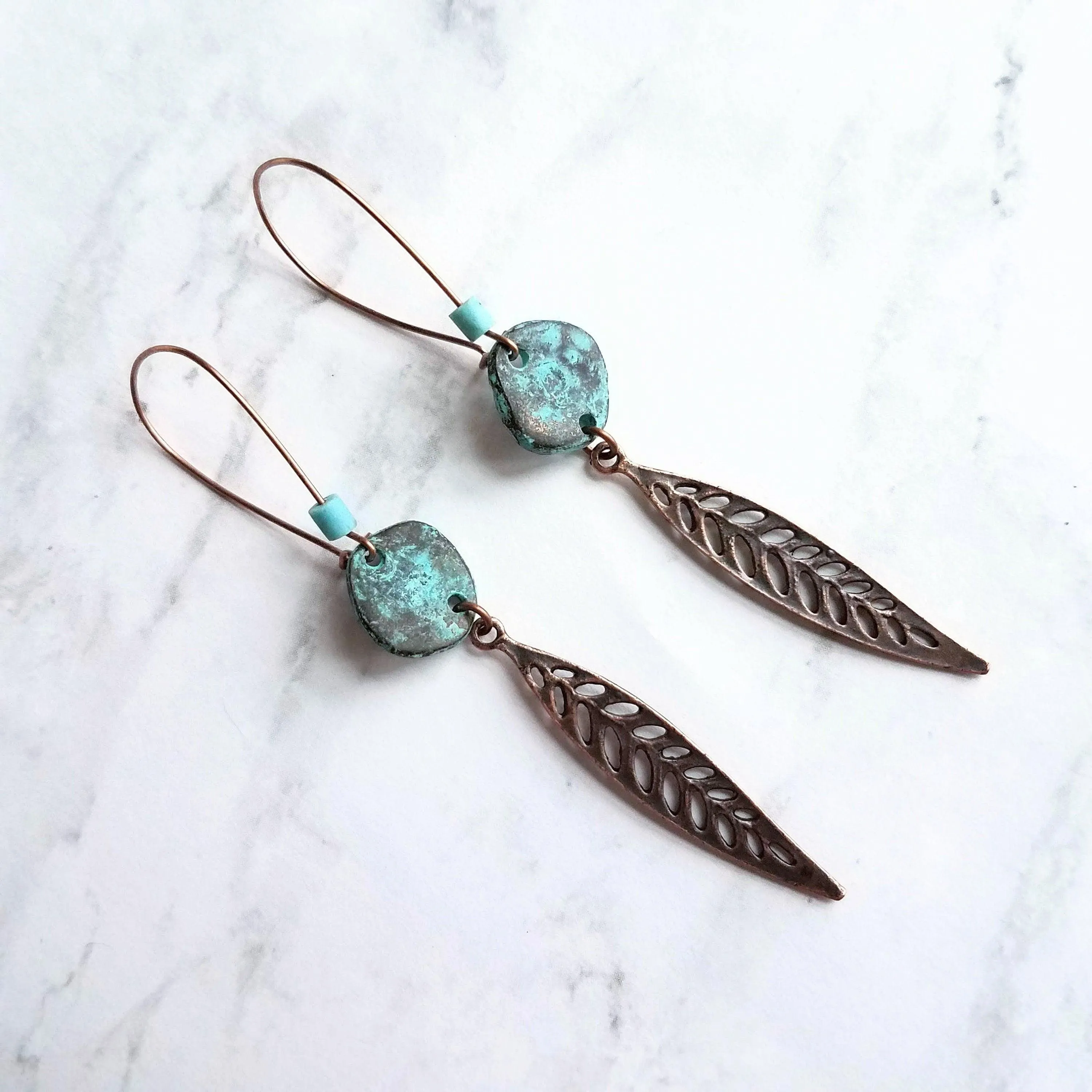 Long Copper Feather Earrings, verdigris patina earring, long rustic earring, long narrow earring, rust brown blue earring, blue patina disk