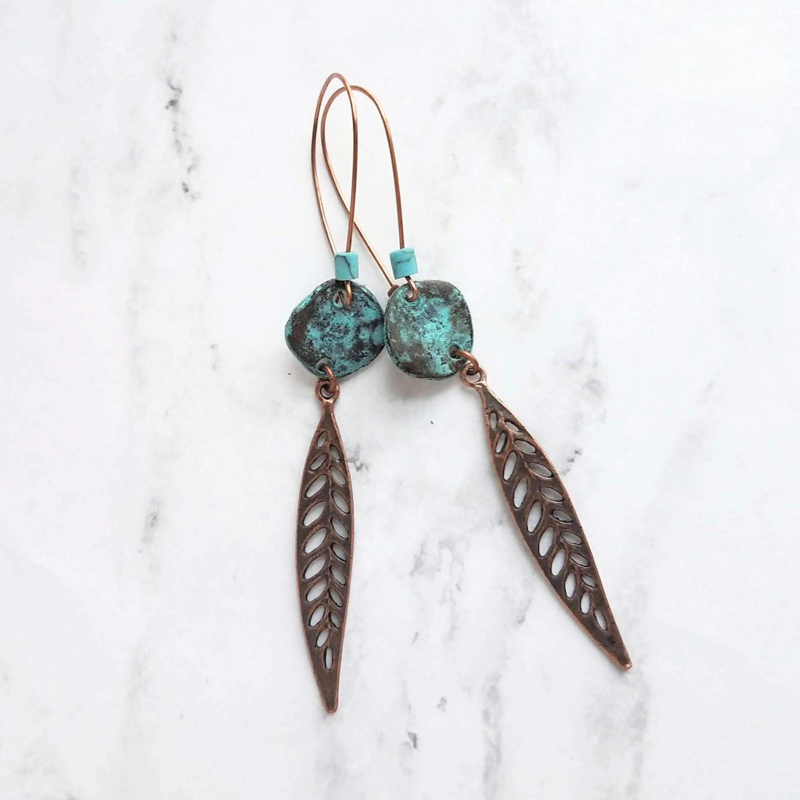 Long Copper Feather Earrings, verdigris patina earring, long rustic earring, long narrow earring, rust brown blue earring, blue patina disk