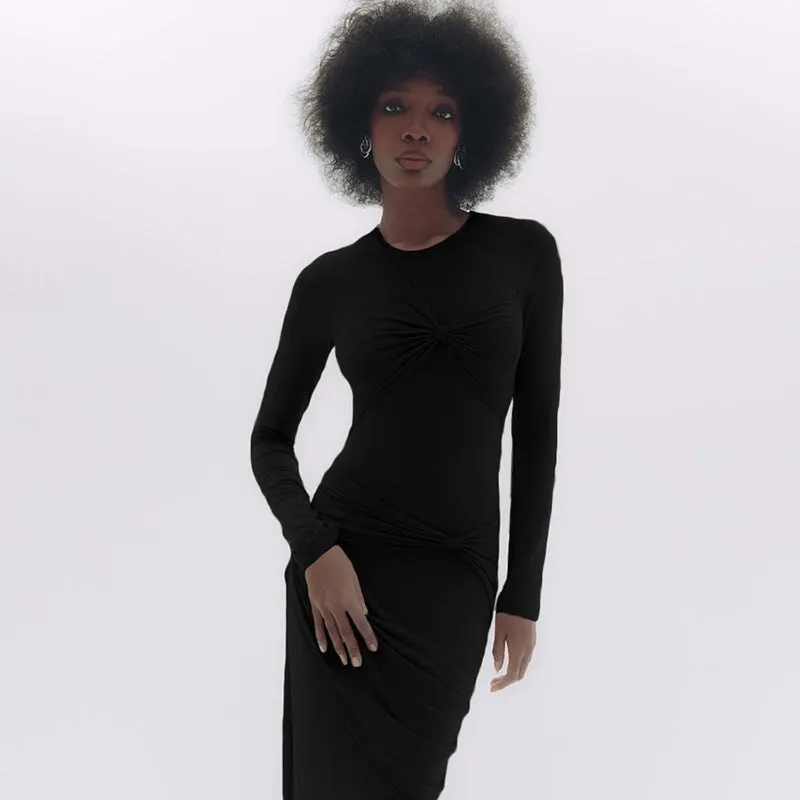 MOMENTLOVER  2025 popular winter new  women's clothing temperament elegant round neck long-sleeved bow pleated slim-fitting hip-wrapped dress
