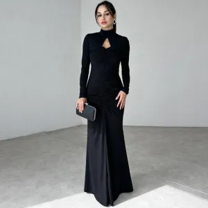 MOMENTLOVER 2025 women's clothing autumn and winter new temperament turtleneck long-sleeved pleated slim-fitting sexy backless dress dress