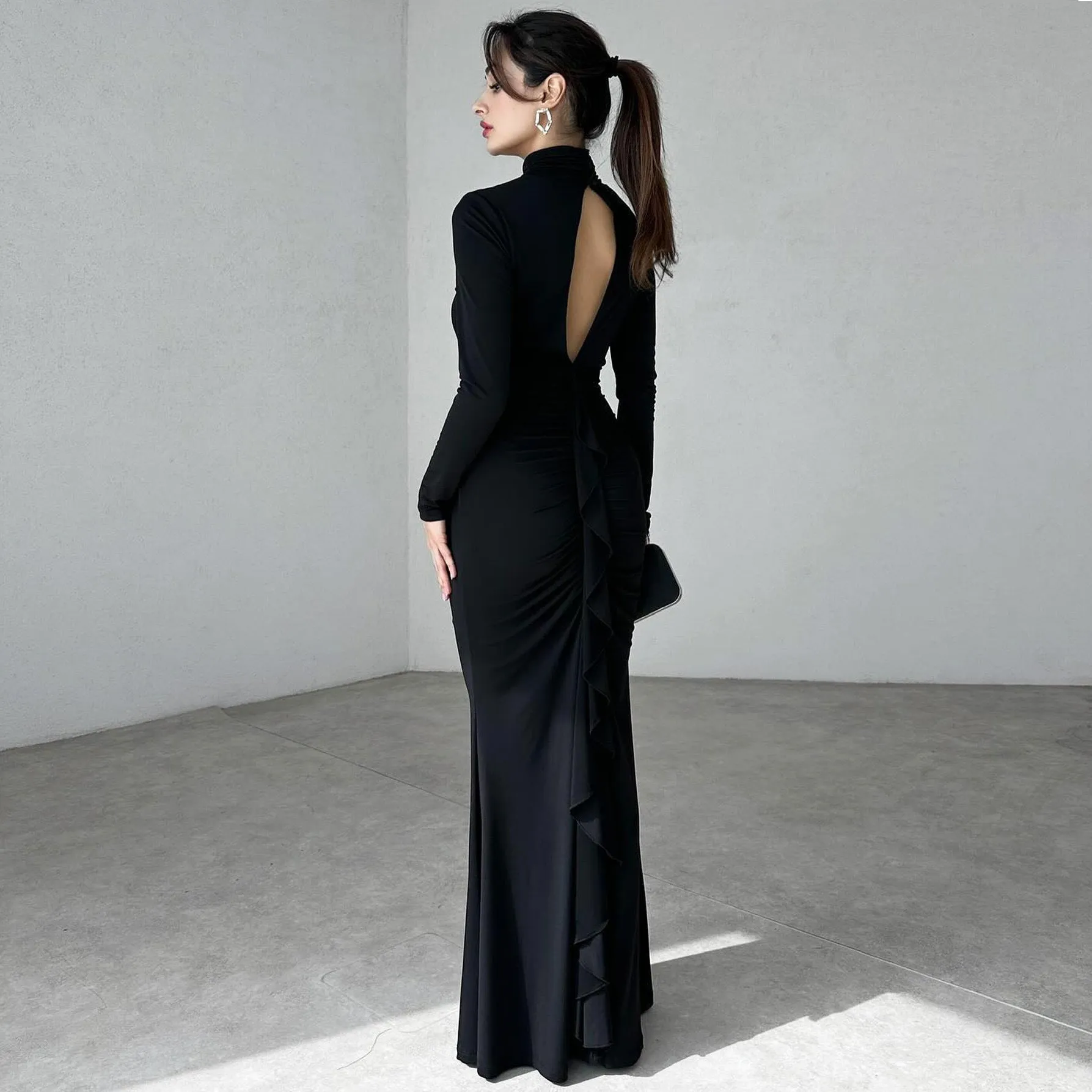 MOMENTLOVER 2025 women's clothing autumn and winter new temperament turtleneck long-sleeved pleated slim-fitting sexy backless dress dress