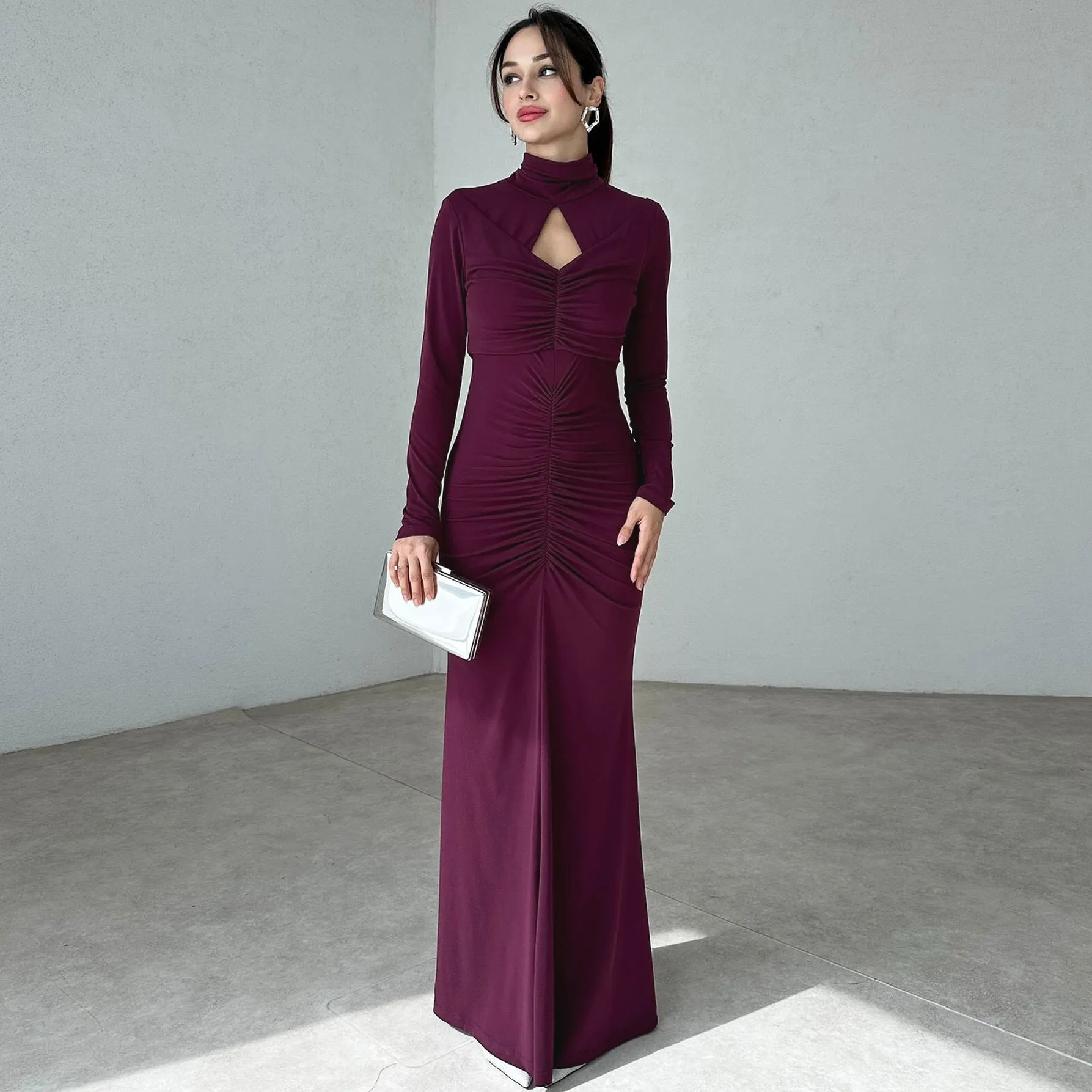 MOMENTLOVER 2025 women's clothing autumn and winter new temperament turtleneck long-sleeved pleated slim-fitting sexy backless dress dress