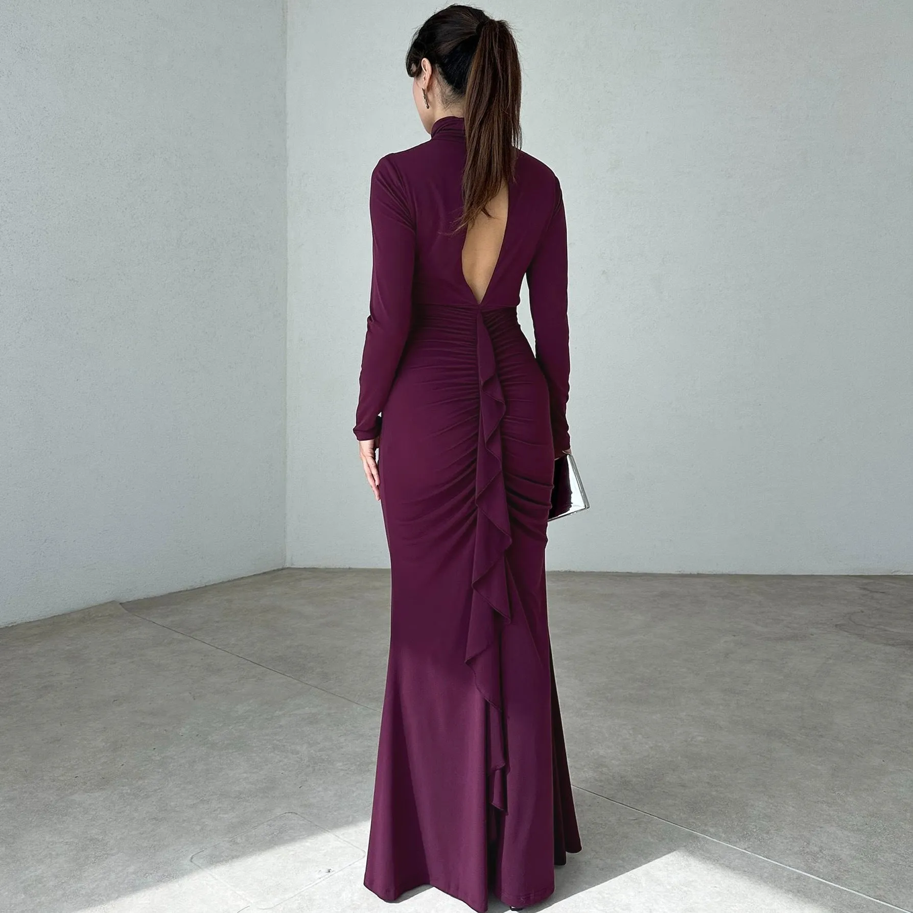 MOMENTLOVER 2025 women's clothing autumn and winter new temperament turtleneck long-sleeved pleated slim-fitting sexy backless dress dress