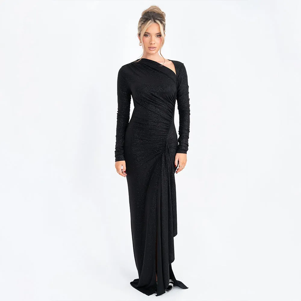 MOMENTLOVER 2025 women's clothing autumn new temperament diagonal collar long-sleeved pleated slim-fitting elegant bright silk dress