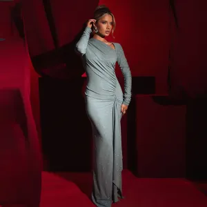 MOMENTLOVER 2025 women's clothing autumn new temperament diagonal collar long-sleeved pleated slim-fitting elegant bright silk dress
