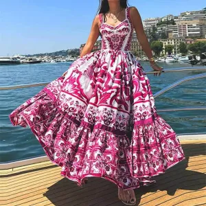 MOMENTLOVER 2025 women's clothing New autumn and winter dress printed square neck pleated slim-fitting high-waisted suspender dress