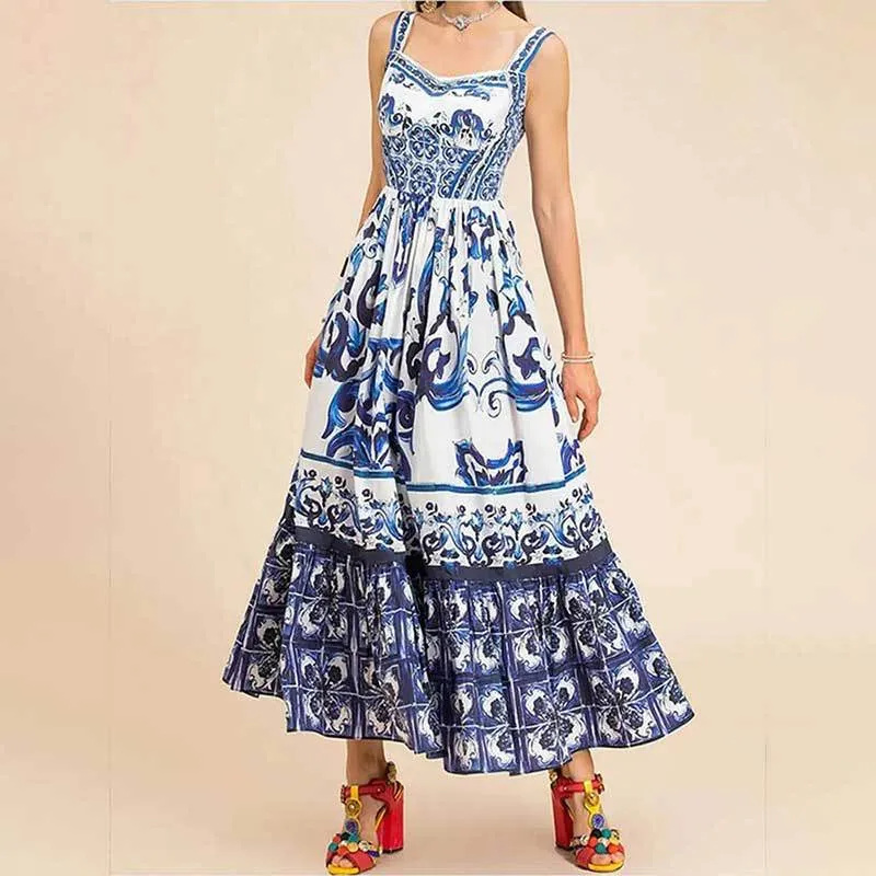 MOMENTLOVER 2025 women's clothing New autumn and winter dress printed square neck pleated slim-fitting high-waisted suspender dress