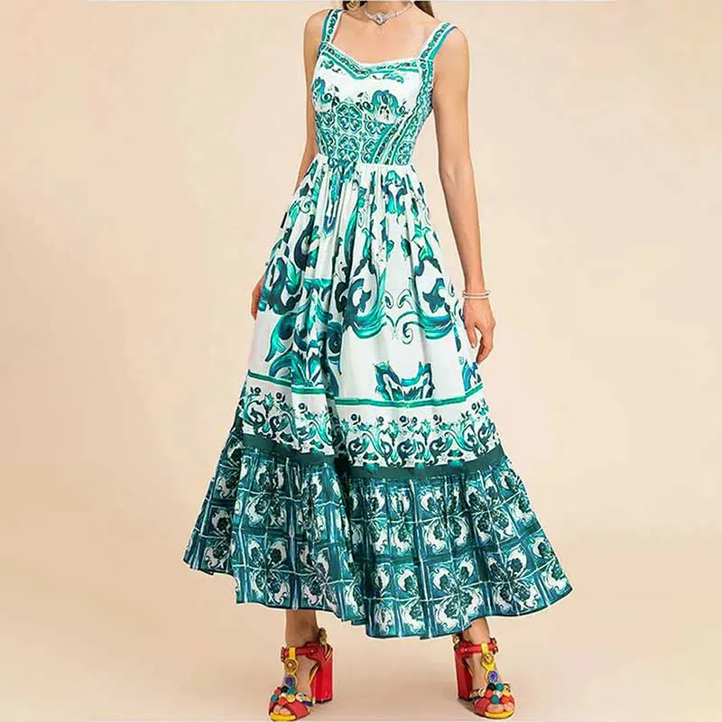 MOMENTLOVER 2025 women's clothing New autumn and winter dress printed square neck pleated slim-fitting high-waisted suspender dress