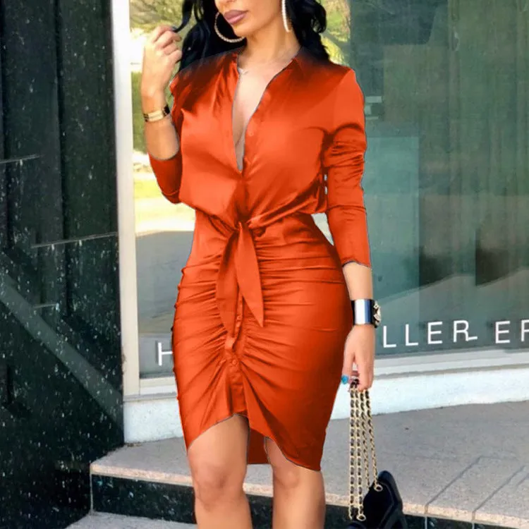 MOMENTLOVER New autumn and winter dress wish  women's clothing new sexy V-neck lace-up pleated shirt long-sleeved dress