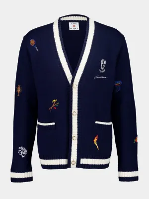 Navy Embroidered Wool-Cashmere Cardigan
