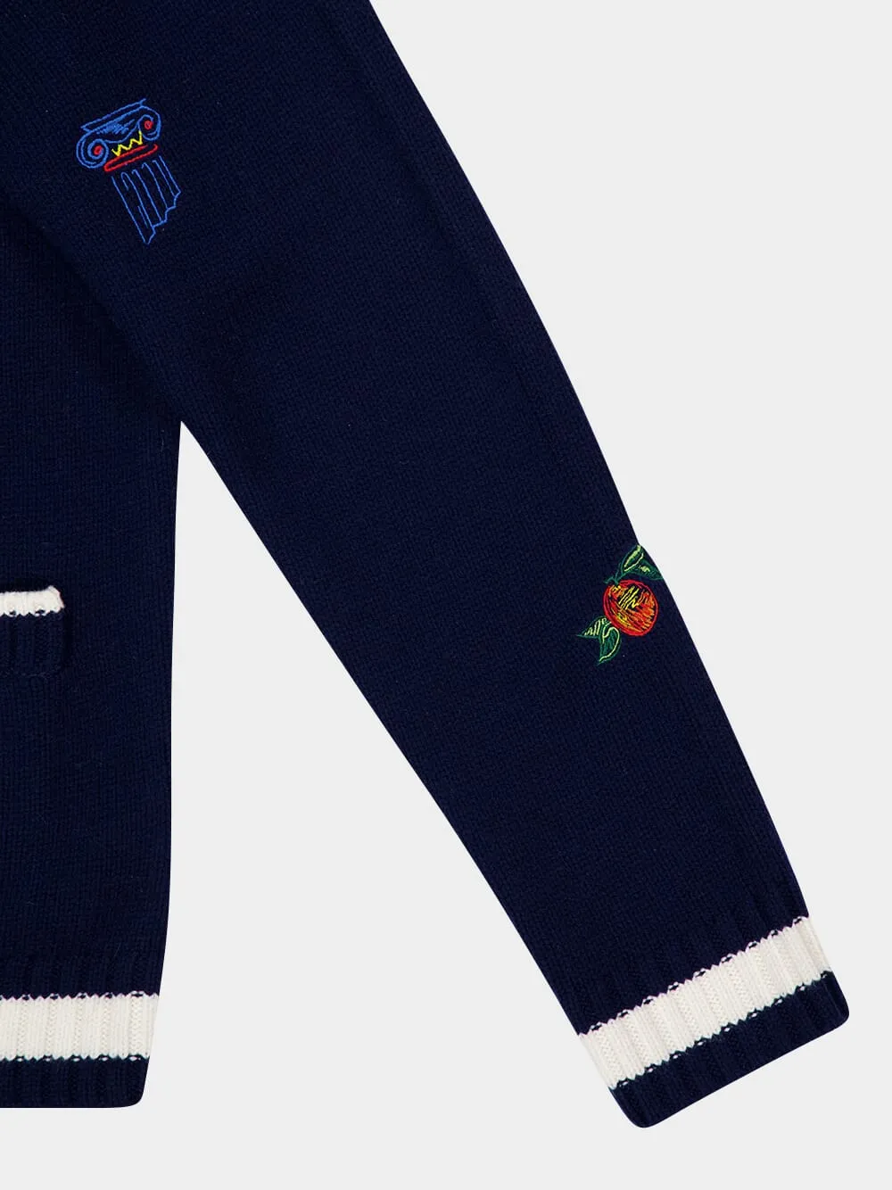 Navy Embroidered Wool-Cashmere Cardigan