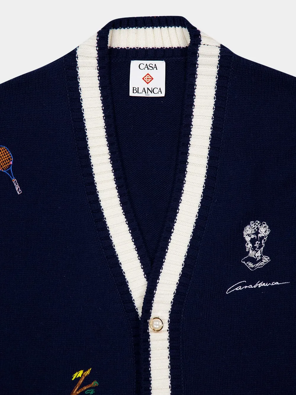 Navy Embroidered Wool-Cashmere Cardigan