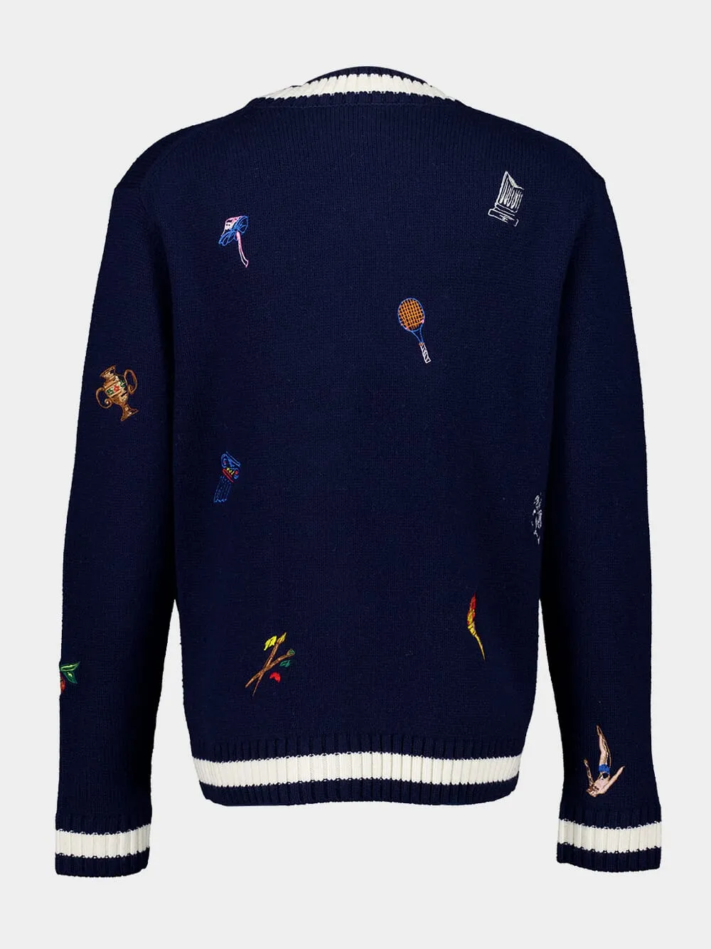 Navy Embroidered Wool-Cashmere Cardigan