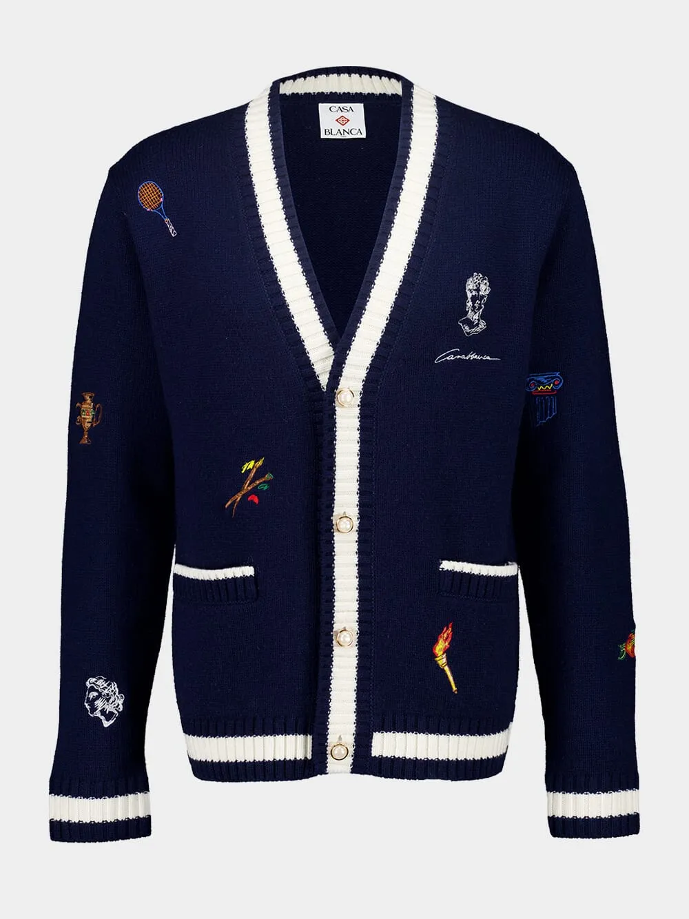 Navy Embroidered Wool-Cashmere Cardigan