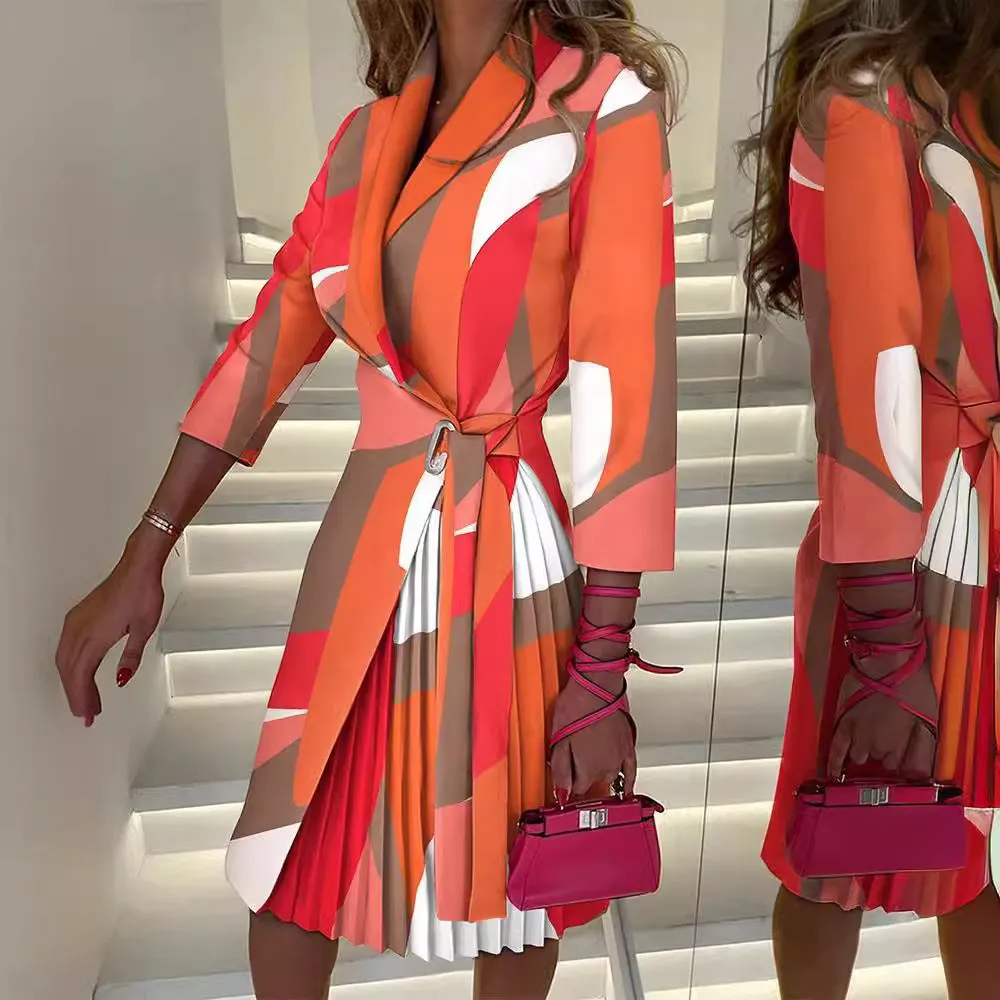 New Popular trade 2025 women's clothing  autumn and winter fashion V-neck strap waist middle sleeve pleated dress