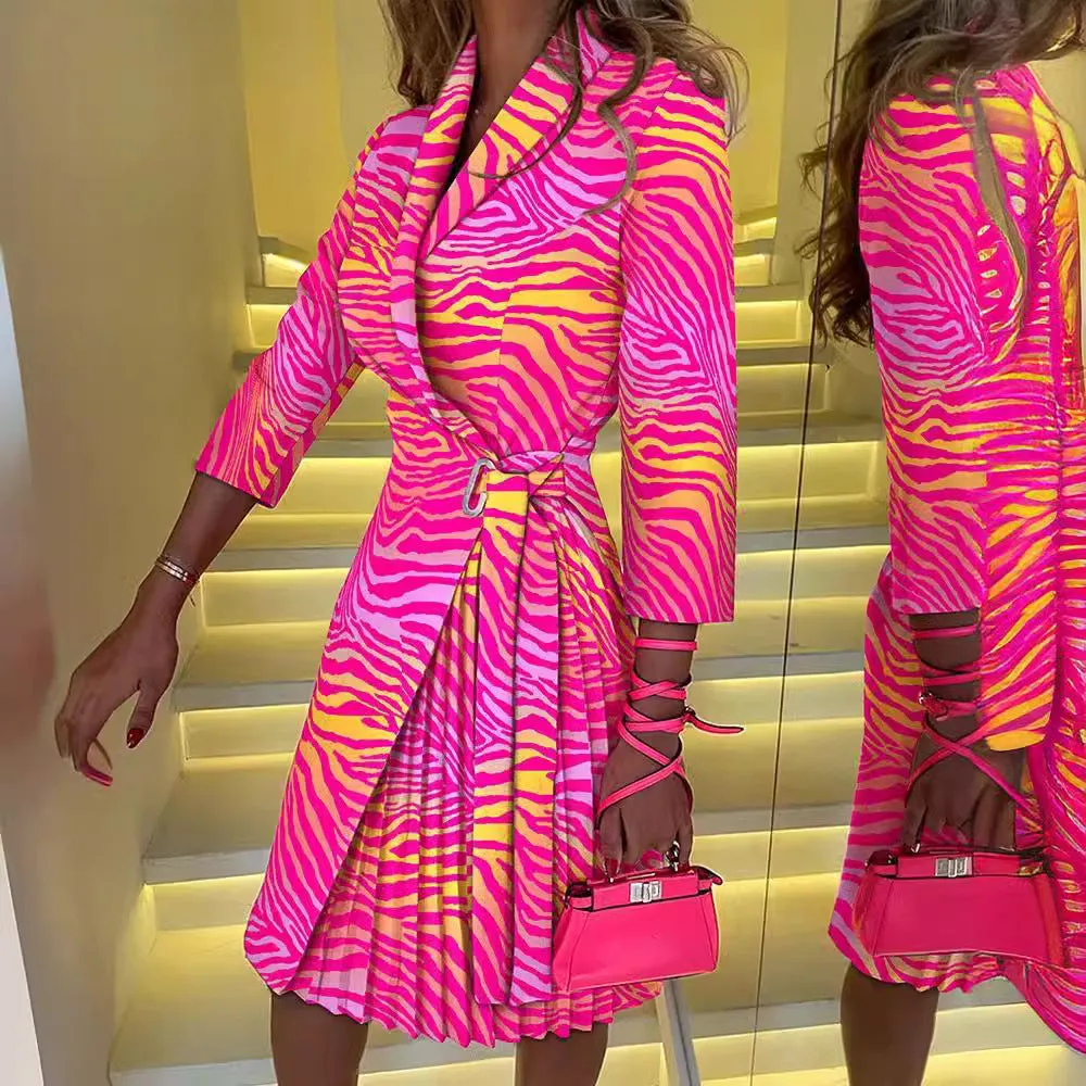 New Popular trade 2025 women's clothing  autumn and winter fashion V-neck strap waist middle sleeve pleated dress