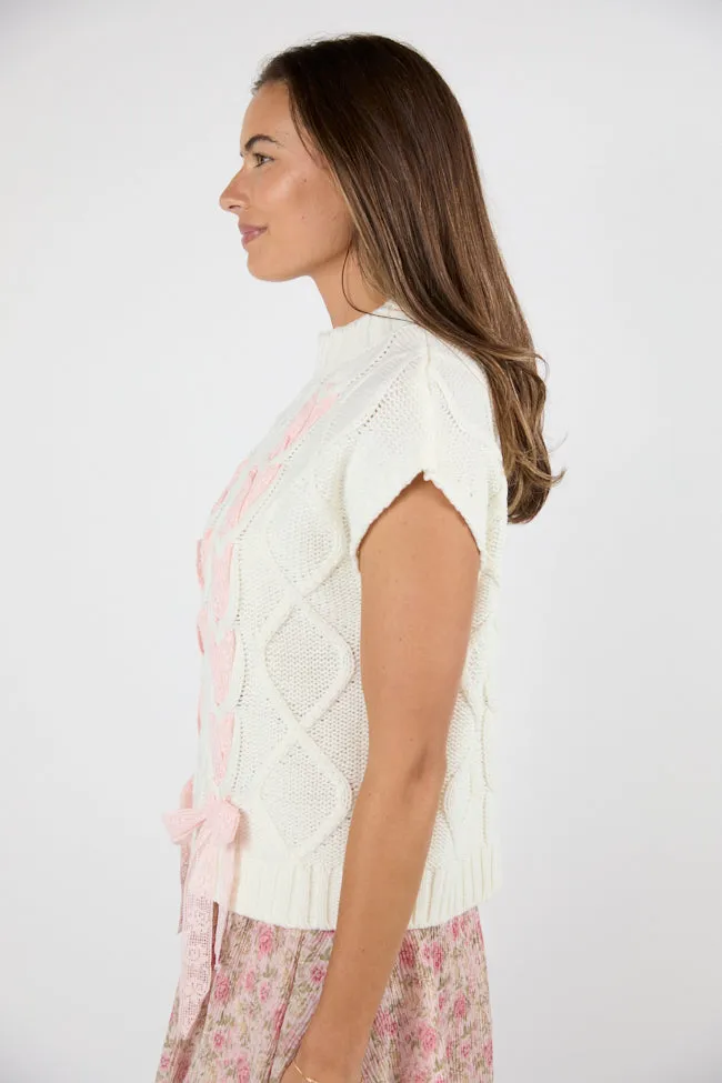 No Complaints Here Ivory and Pink Cable Knit Lace Bow Detail Sweater