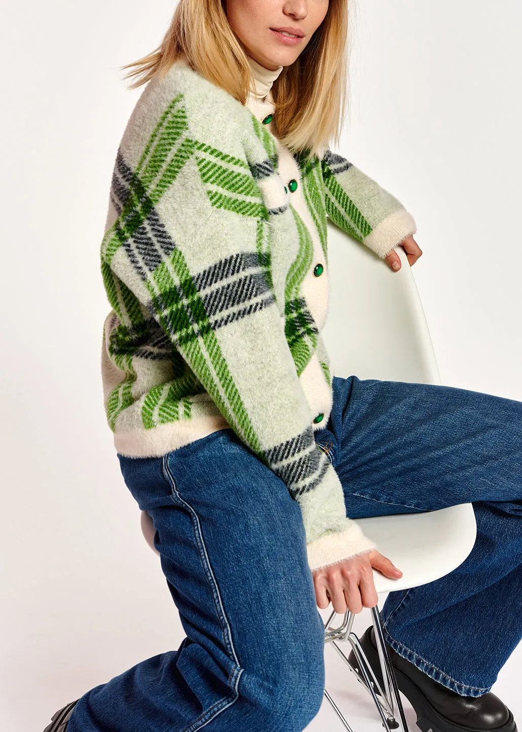 Off-white and green check cardigan