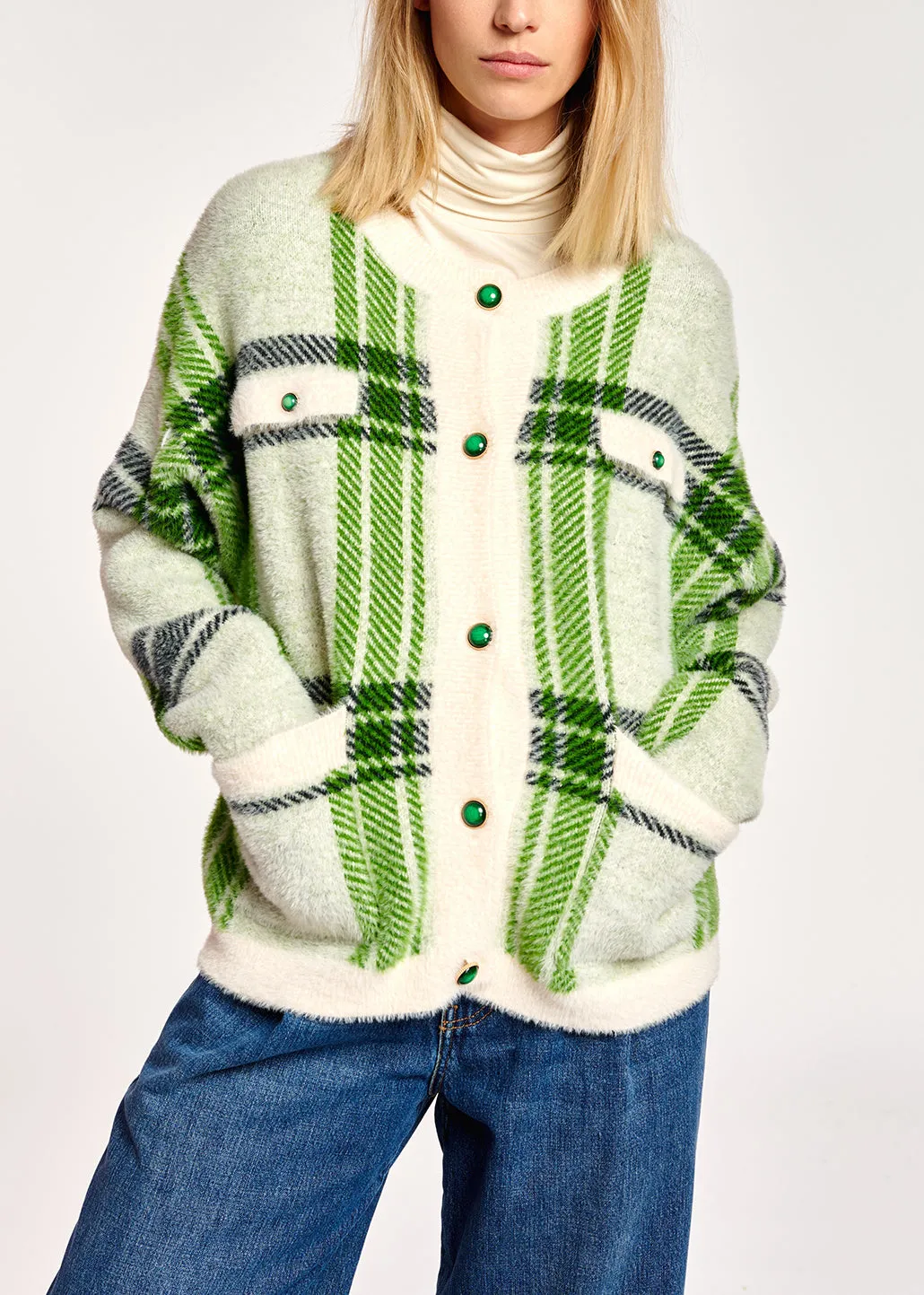 Off-white and green check cardigan