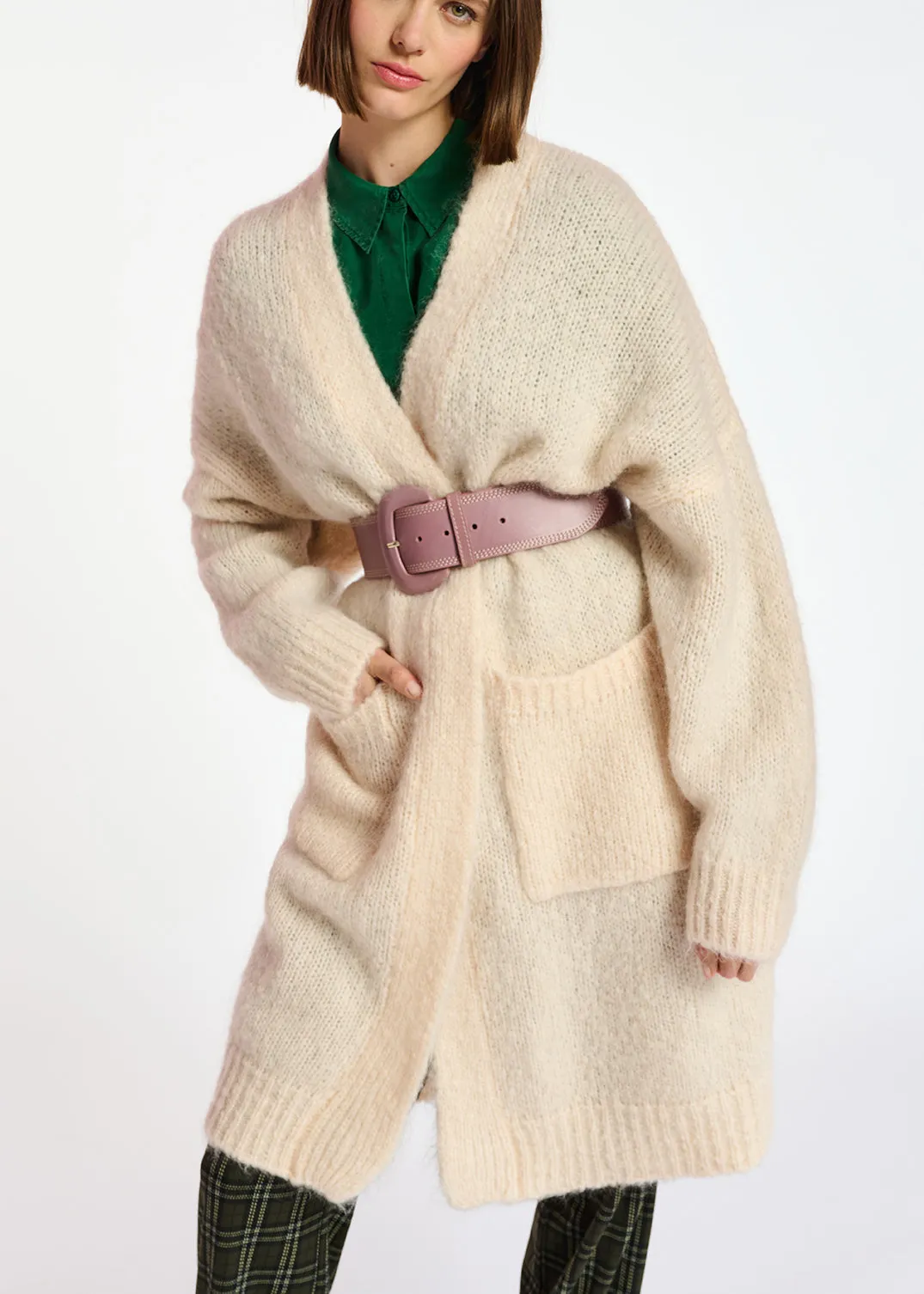 Off-white midi-length mohair-blend cardigan