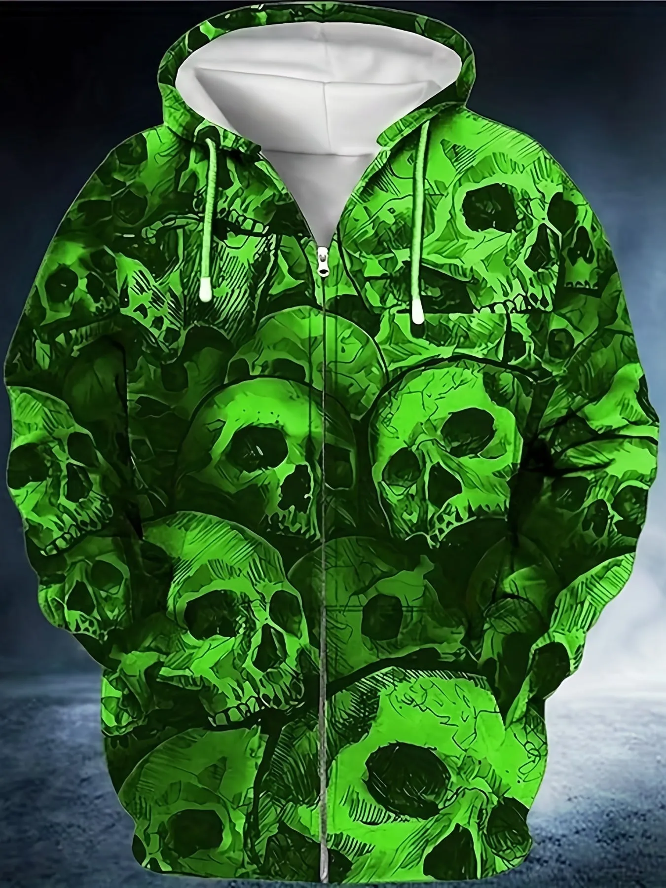 Plus Size Men's Scary Skulls Print Oversized Hooded Jacket with Zipper for Autumn/Winter