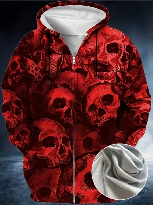 Plus Size Men's Scary Skulls Print Oversized Hooded Jacket with Zipper for Autumn/Winter