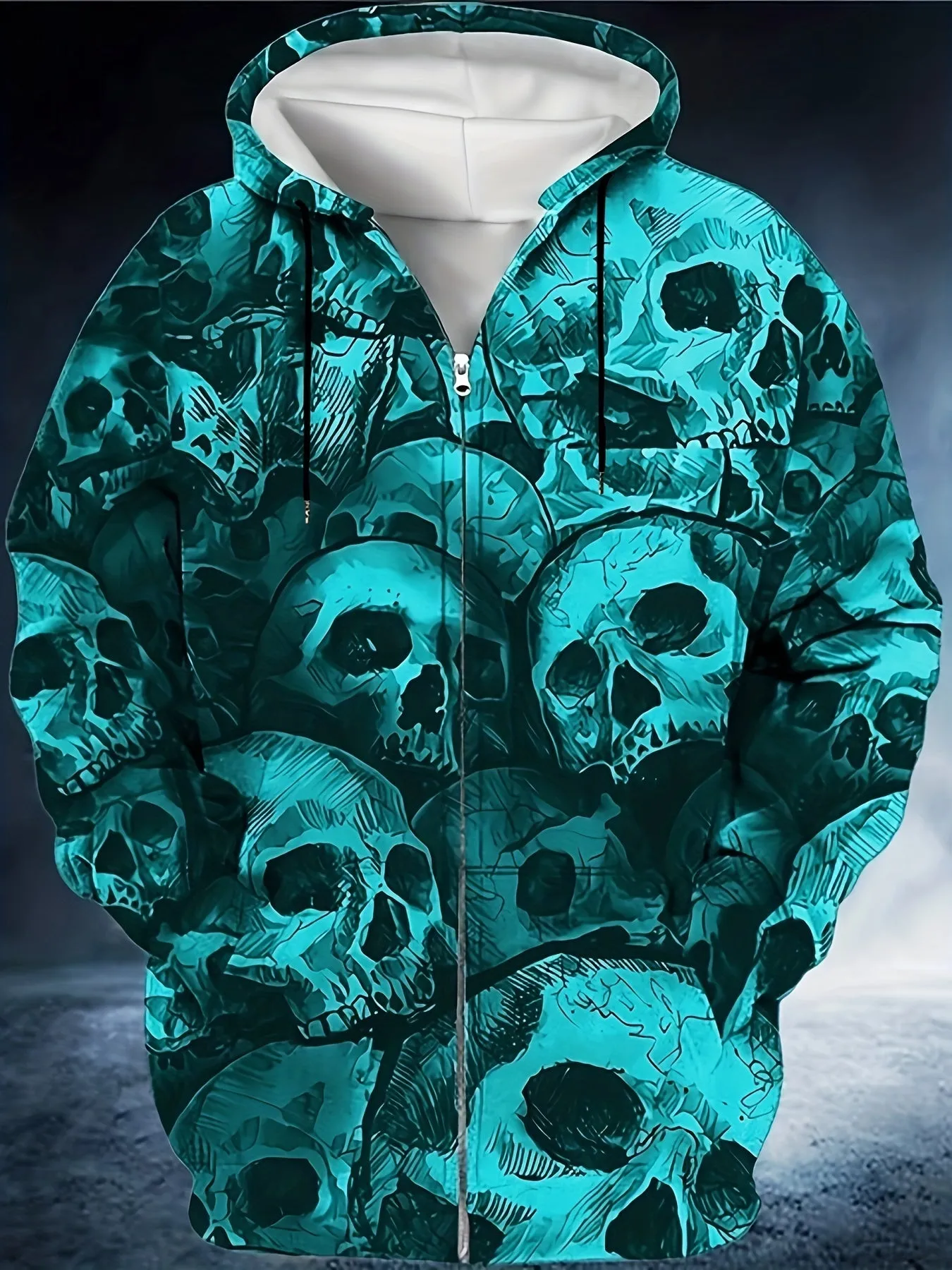 Plus Size Men's Scary Skulls Print Oversized Hooded Jacket with Zipper for Autumn/Winter