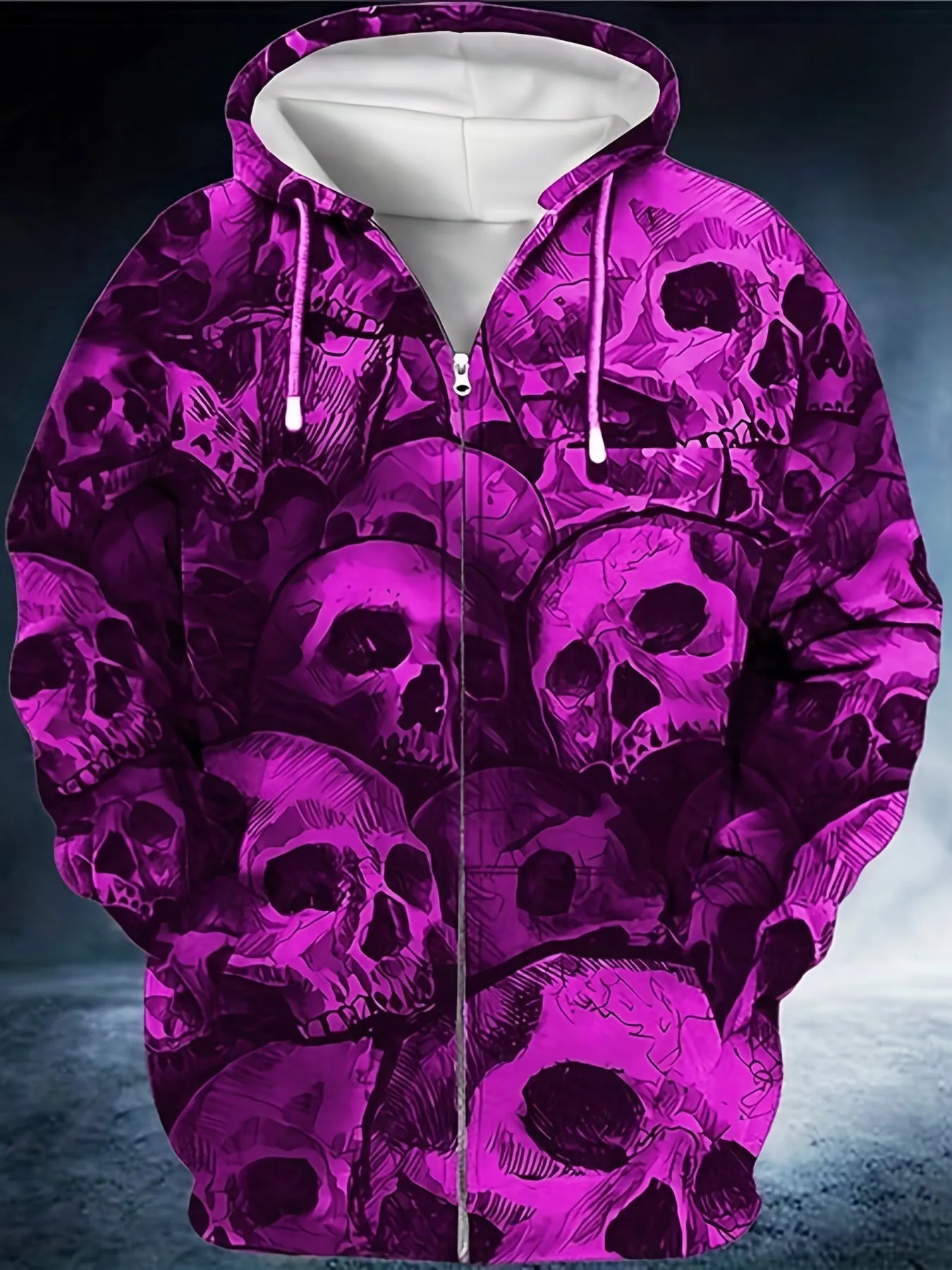 Plus Size Men's Scary Skulls Print Oversized Hooded Jacket with Zipper for Autumn/Winter