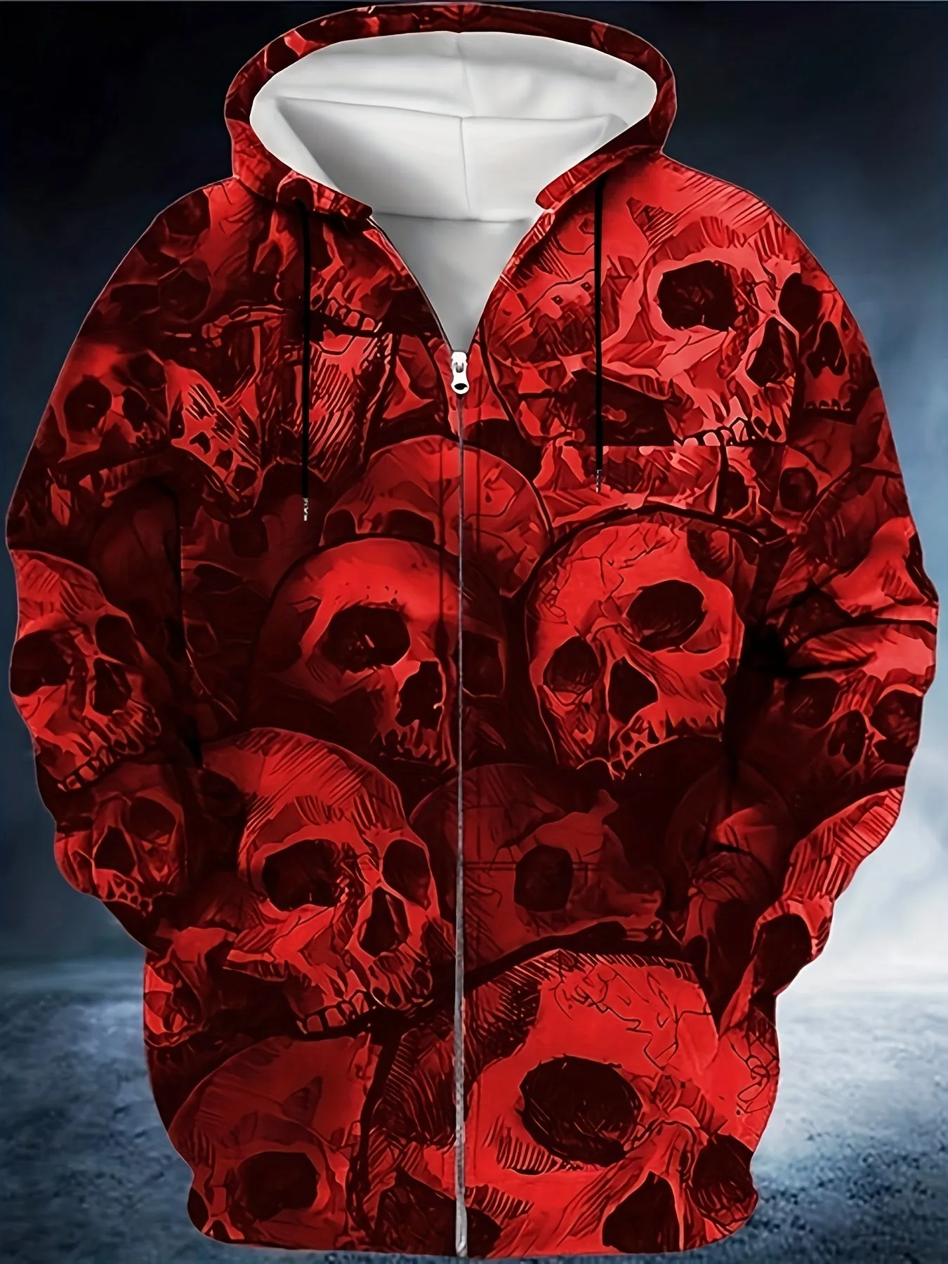 Plus Size Men's Scary Skulls Print Oversized Hooded Jacket with Zipper for Autumn/Winter